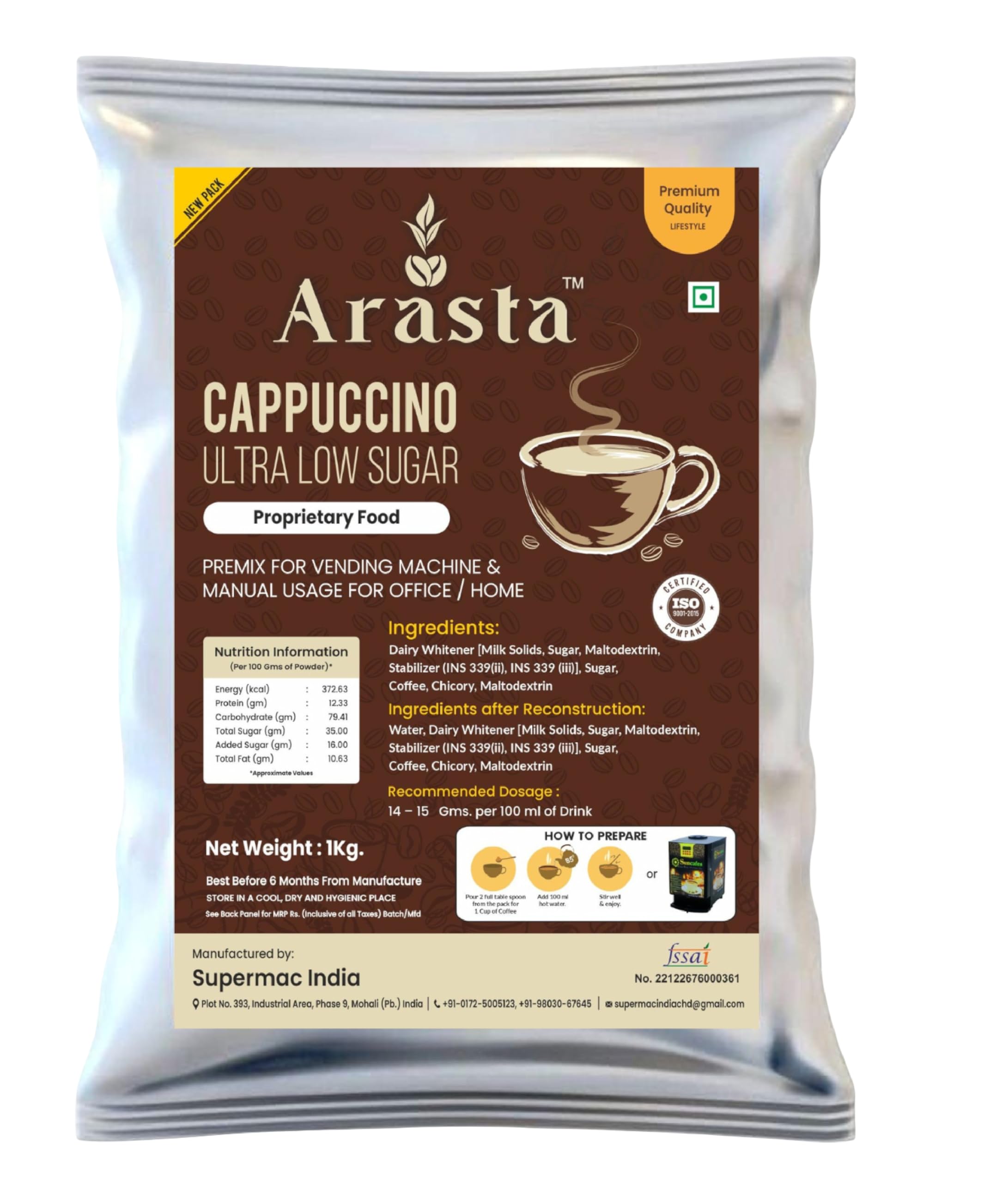 Arasta Cappuccino Premix Ultra Low Sugar | Instant Coffee Powder for Vending Machine & Manual Use | 1 Kg Pack-image-15