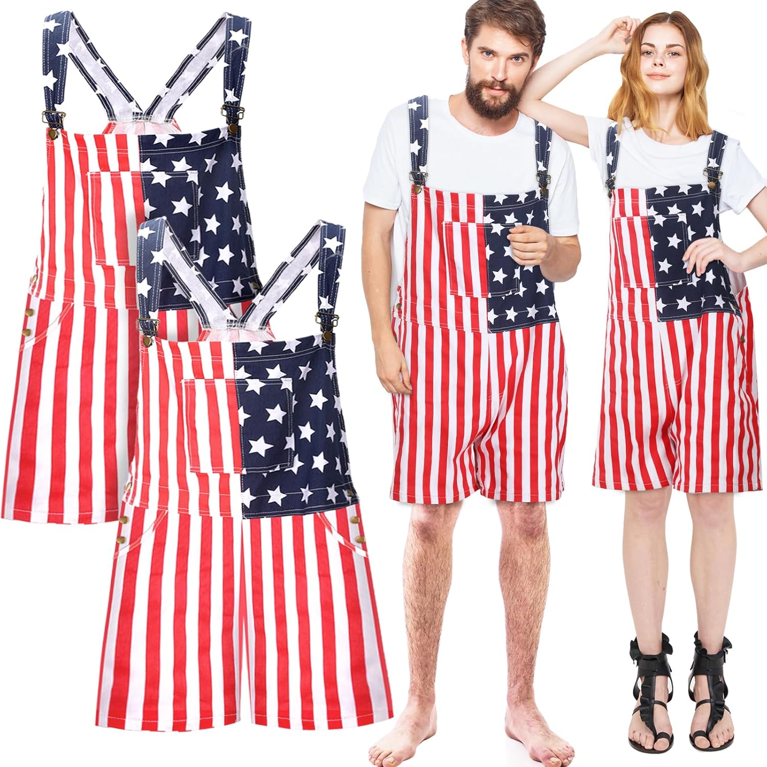 Yahenda 2 Pcs American Flag Overalls for Men Women Independence Day Overalls Shorts Denim Bib Adjustable Straps Jumpsuit Jean Rompers with Pockets