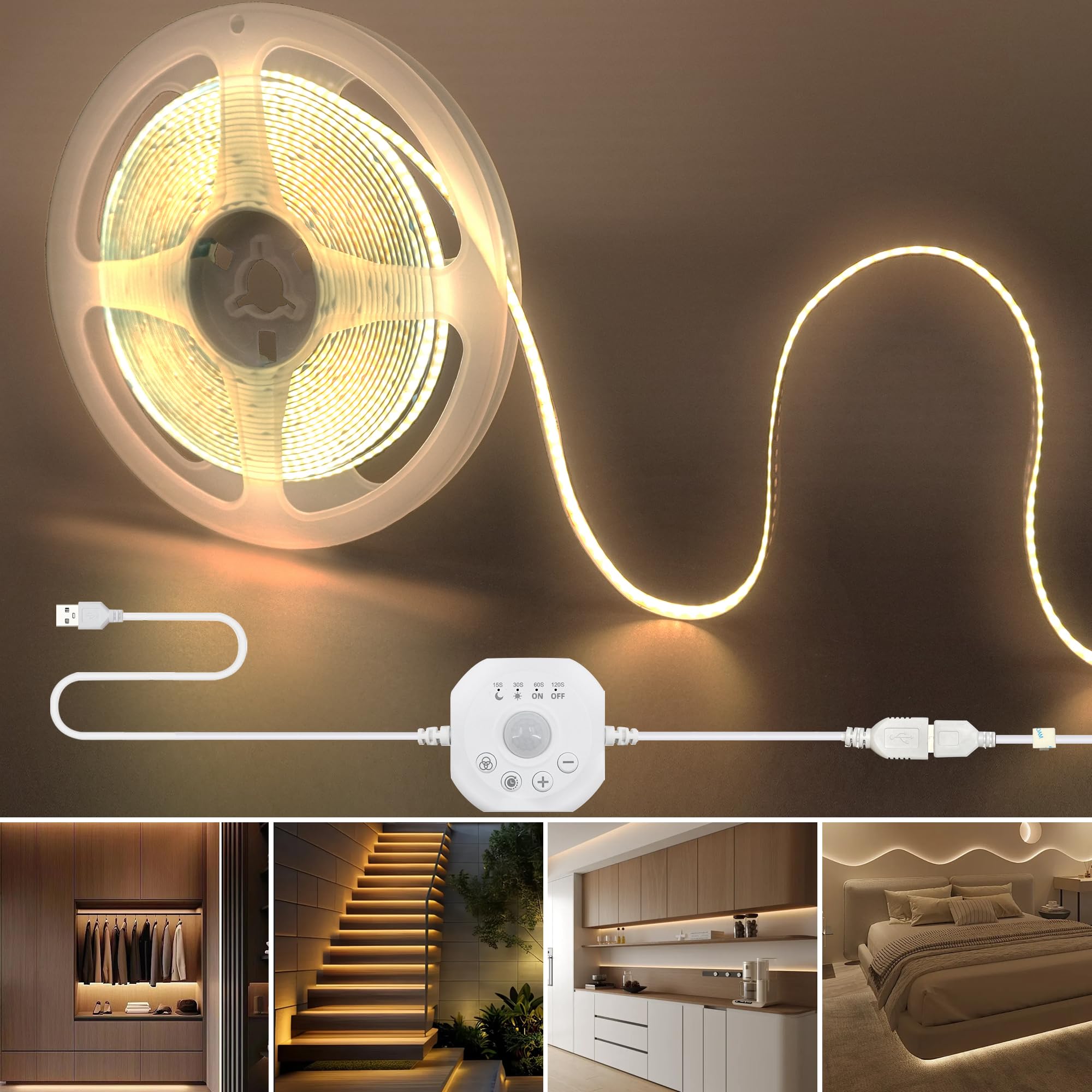 Clearhill 5V Motion Sensor Dimmer 320LED Strip Lights,Day or Night 2 Lighting Modes,Time-delay and Brightness Adjustable,9.84FT/3M,Warm White 3000K,8mm Width,for Closet,Kitchen