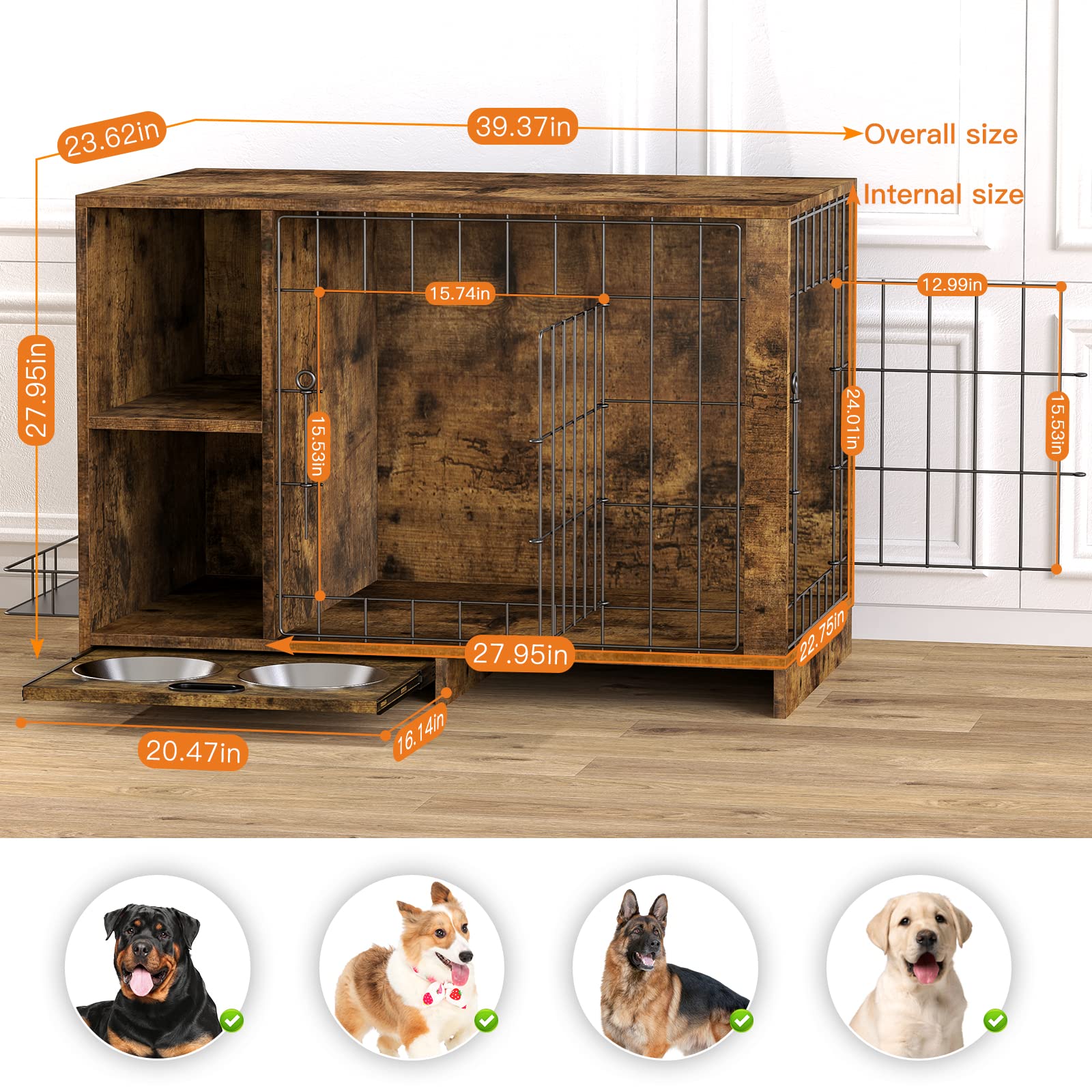 Dog Crate Furniture, Large Wooden Dog Cage End Table with Double Doors