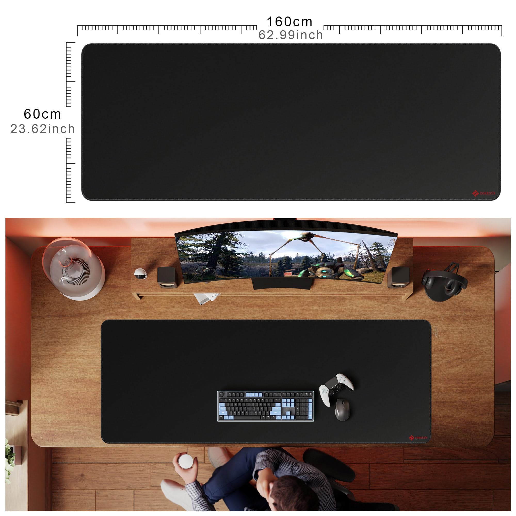 ZORESYN Tappetino per mouse da gioco, 160 x 50 cm, 4XL, gigante, con superficie liscia, base antiscivolo che riduce il rumore e bordi cuciti, per giocatori e ufficio, nero