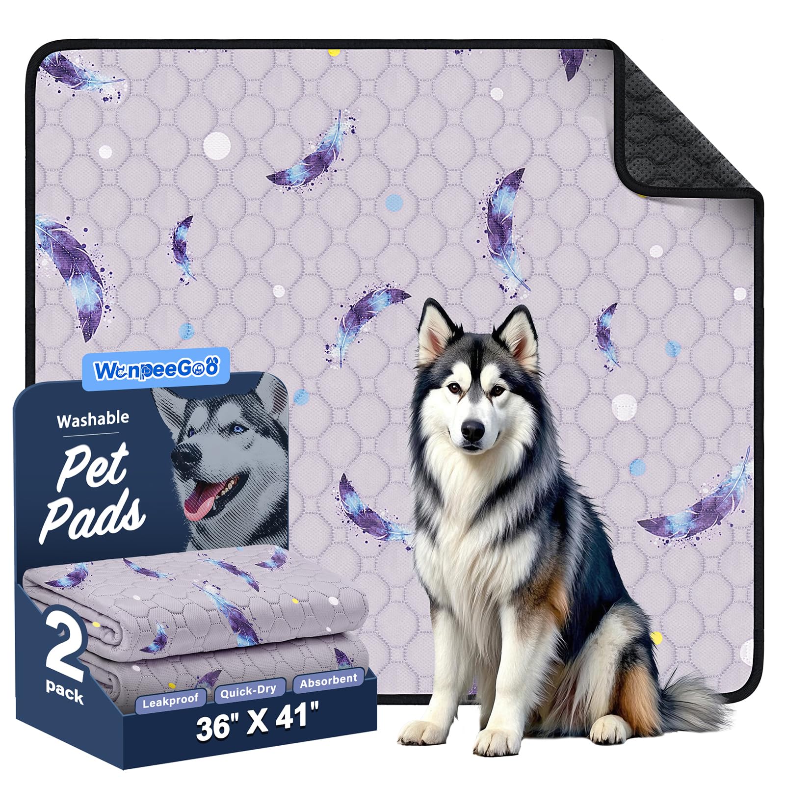 WanpeeGoo Washable Pee Pads for Dogs 2Pack Reusable Puppy Pads Super Absorbent Leakproof Dog Pads Anti-Slip Dog Pee