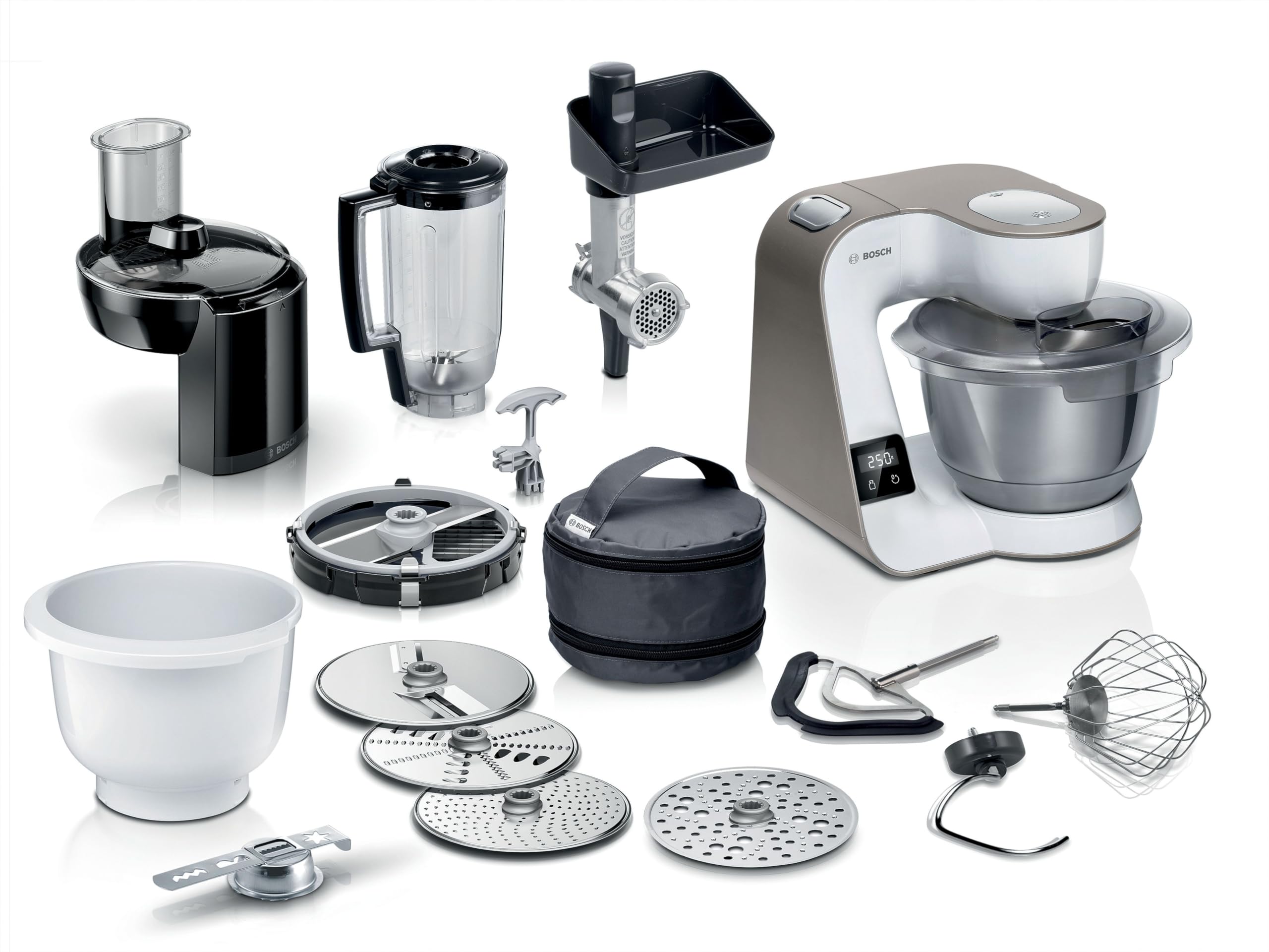 Bosch Küchenmaschine Serie 4 mit Waage, Edelstahl-Schüssel spülmaschinenfest, Mixer, Fleischwolf, Planetenrührwerk, Durchlaufschnitzler, 3 Scheiben, Würfelschneider, 1000 W, MUM5XL74