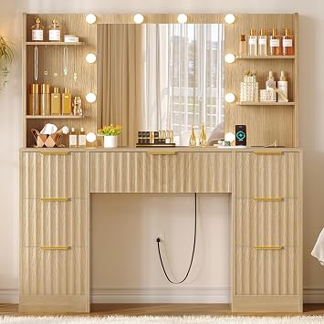 Fluted Vanity Desk with Mirror and Adjustable LED Lights & Power Outlet, Makeup Vanity Desk with 7 Drawers,4 Shelves and 5 Hooks, Vanity for Girls, Natural Oak