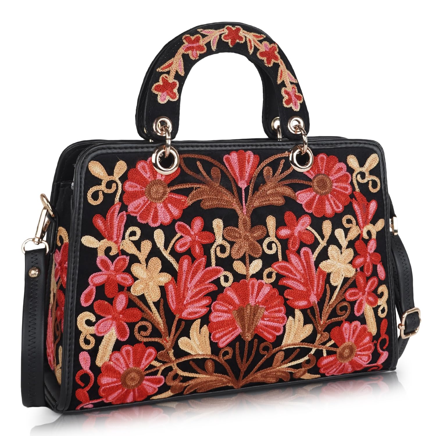 Synthetic Leather Classy Gorgeous Embroidered Stylish Design Crossbody Shoulder Women Handbag With Embroidered Handle