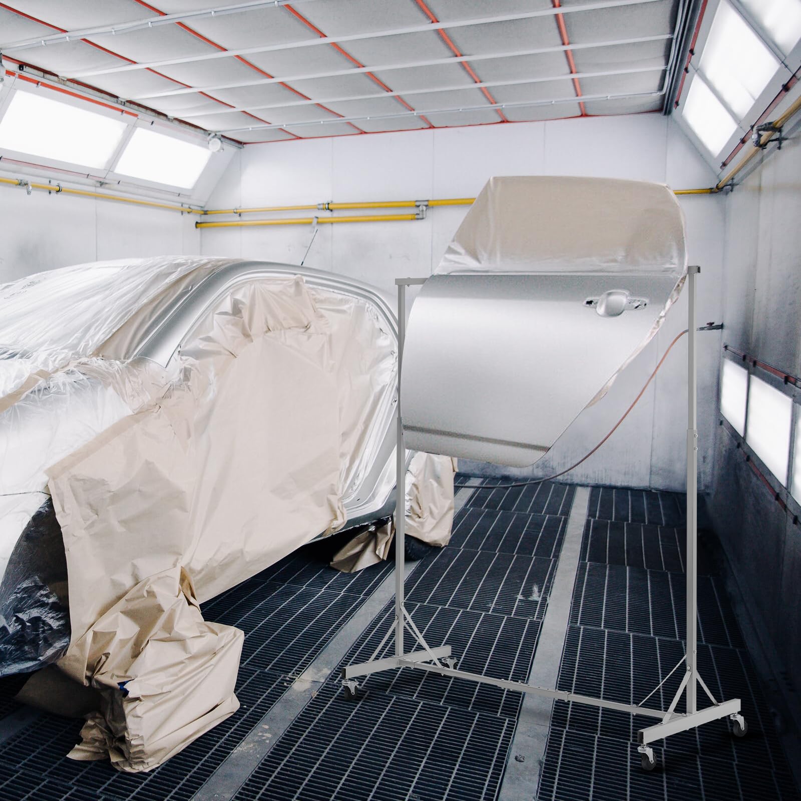 VEVOR Supporto per Verniciatura, Altezza Regolabile da 1,5 a 2,1 m Supporto per Carrozzeria per Auto con 8 Ganci, 4 Ruote Girevoli, Capacità di 30 kg per Officine di Riparazione Auto e Garage, Bianco