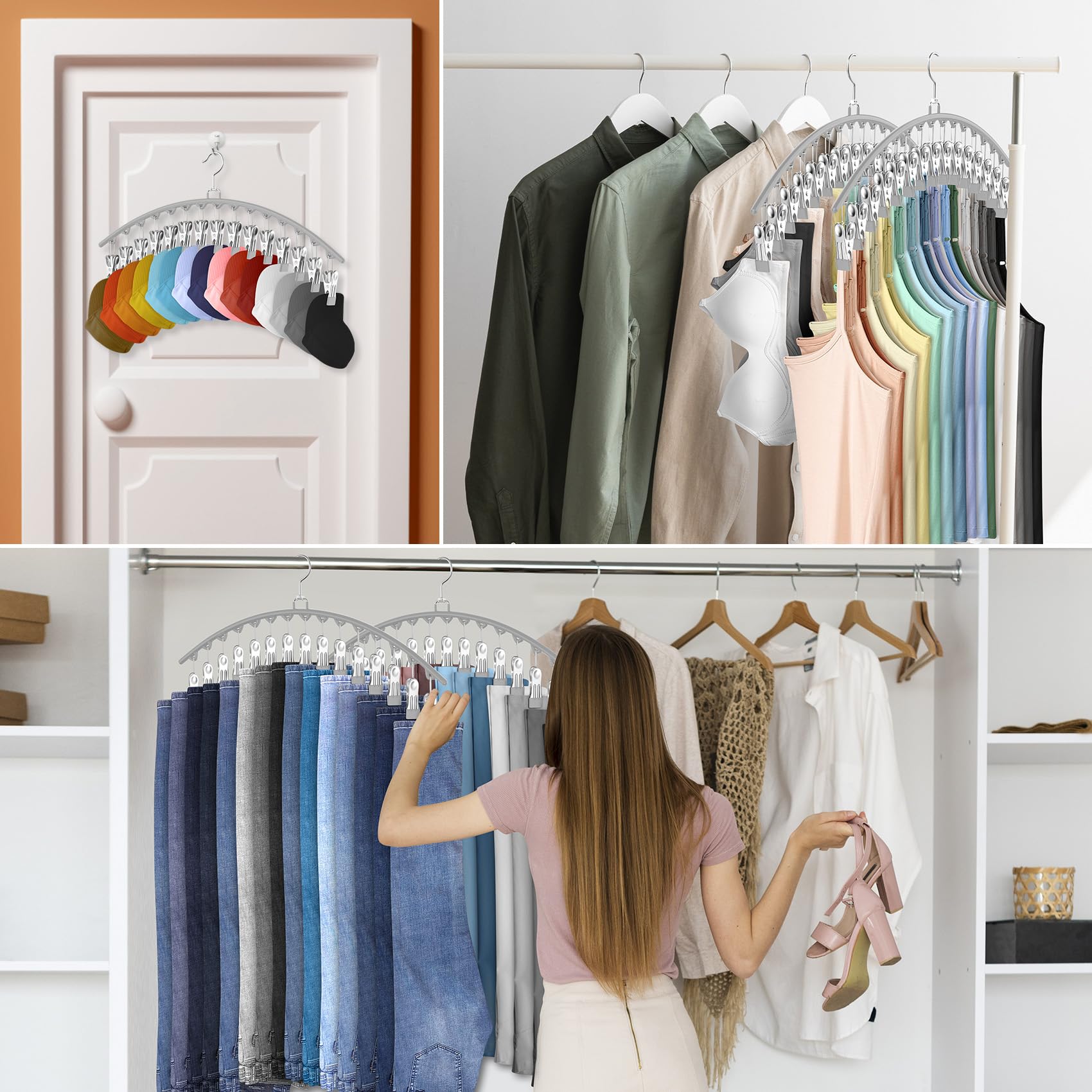 Upgrade Legging-Organizer zum Aufhängen im Schrank, Hosenbügel mit 15 Clips, für 45 Leggings/Hosen/Shorts/Jeans/Röcke, Legging-Kleiderbügel, platzsparender Schrank-Organizer und Aufbewahrung, grau, 3