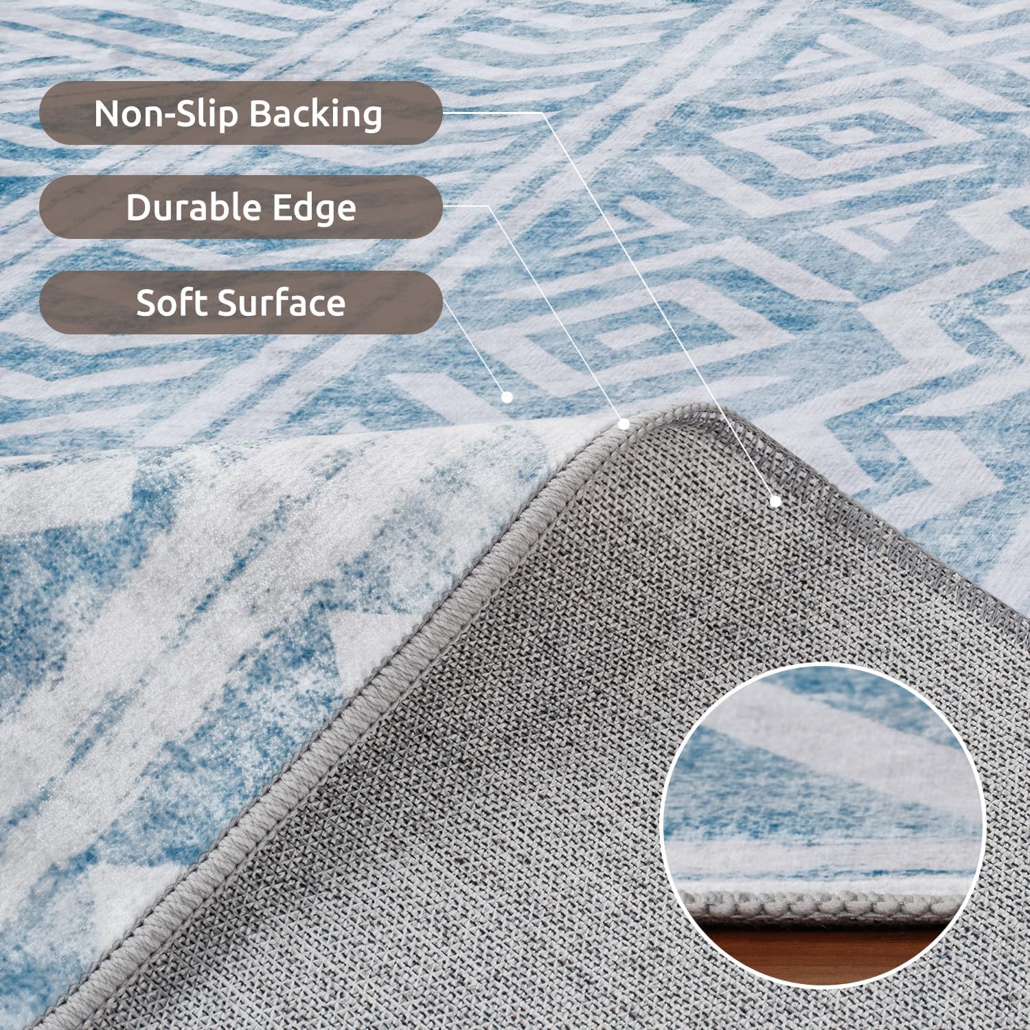 Area Rugs for Living Room 8x10, Blue Boho Machine Washable Rug Grey, Moroccan Modern Geometric Carpet Decor for Bedroom, Non-Slip Rugs for Dining Room Playroom Entryway