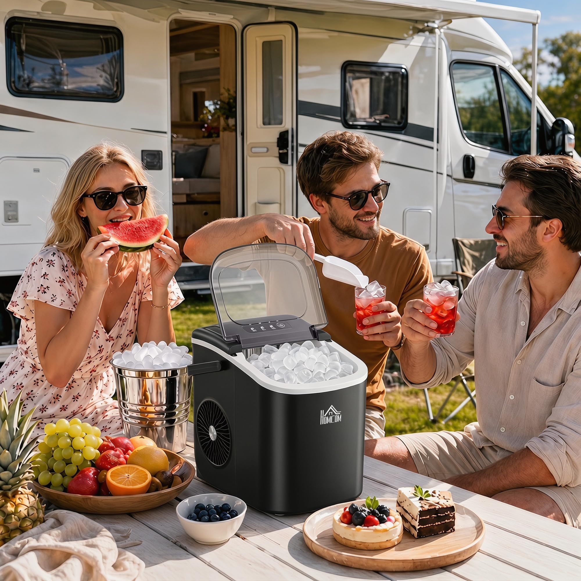 HOMCOM Macchina del Ghiaccio 12kg/24h, 9 Cubetti in 6-12 Minuti in PP e Rame con Cestello e Paletta, 23.8x30.5x29 cm, Nero