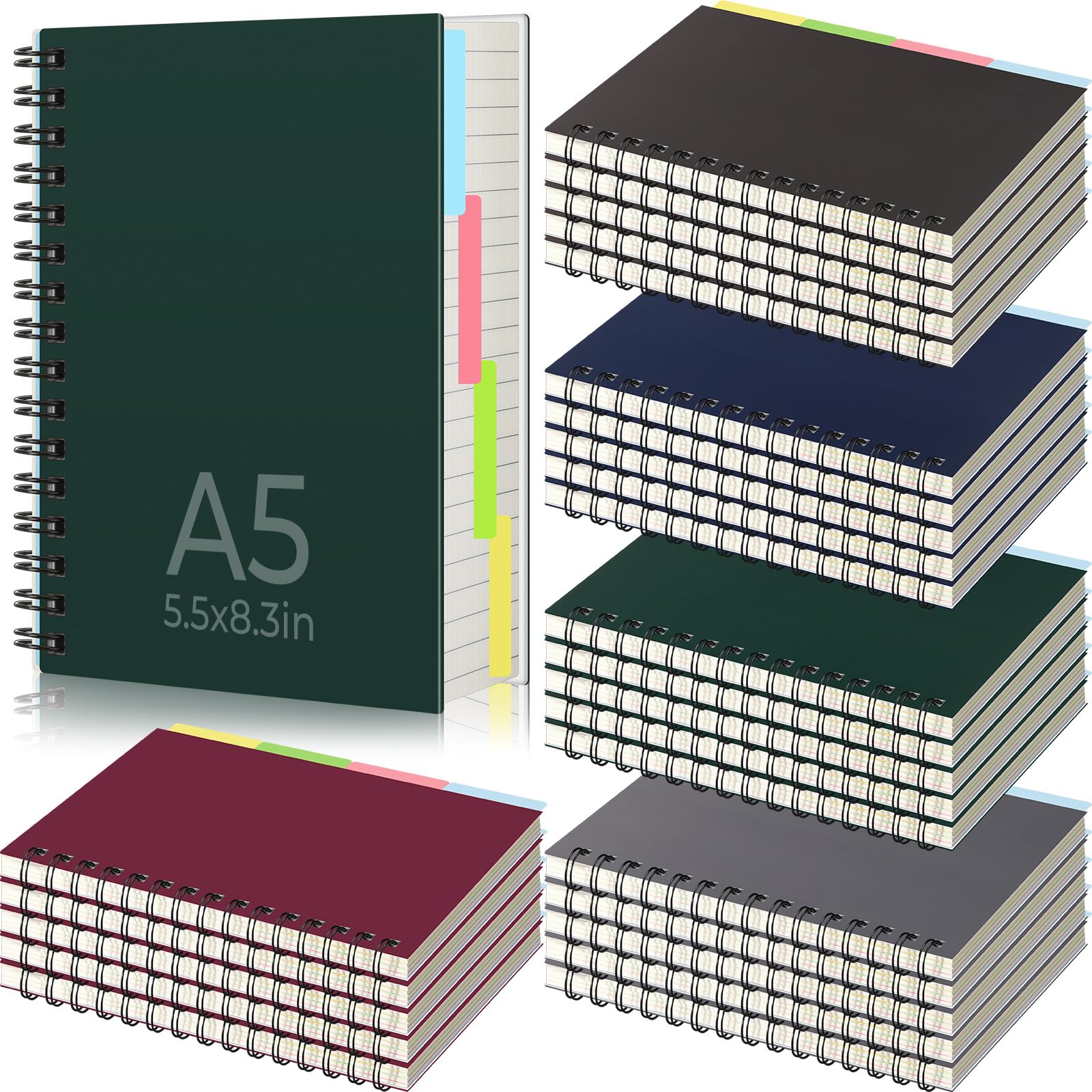 MotiMind 20 quaderni con divisori a 4 soggetti, a righe, formato A5, 14 x 21,1 cm, copertina rigida, 120 pagine, con linguetta, per lavoro, scuola, ufficio, affari (multicolore)