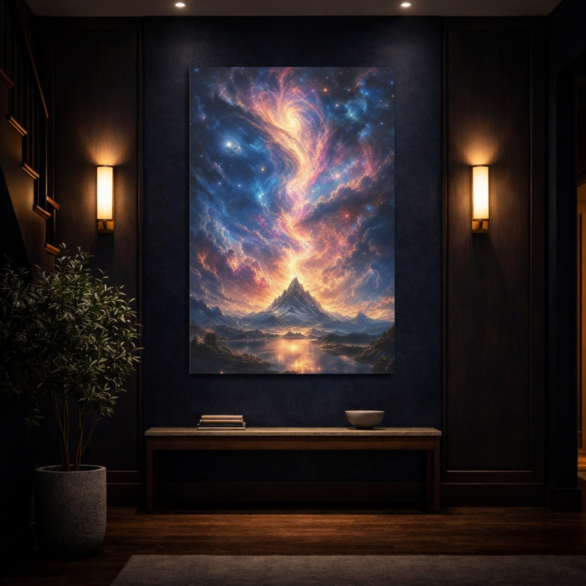 Science Fiction Celestial Mountain Orange Blue Canvas Print – Living Room, Above Couch, Multi-color 12×18 inch (30×45 cm) - Vertical / 1.25 inch (3 cm)