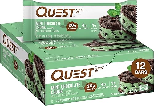Quest Nutrition Barra de proteína de trozos de chocolate menta alto en proteínas bajo en carbohidratos sin gluten apto para ceto 12 unidades