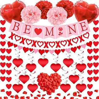 135Pcs Valentines Day Decorations Set, Valentines Day Party Decor Include BE Mine Banner Heart XO Garlands Banner Paper Pompoms Balloons Hanging Swirls Valentine Decorations for Party Office Home (Pink)