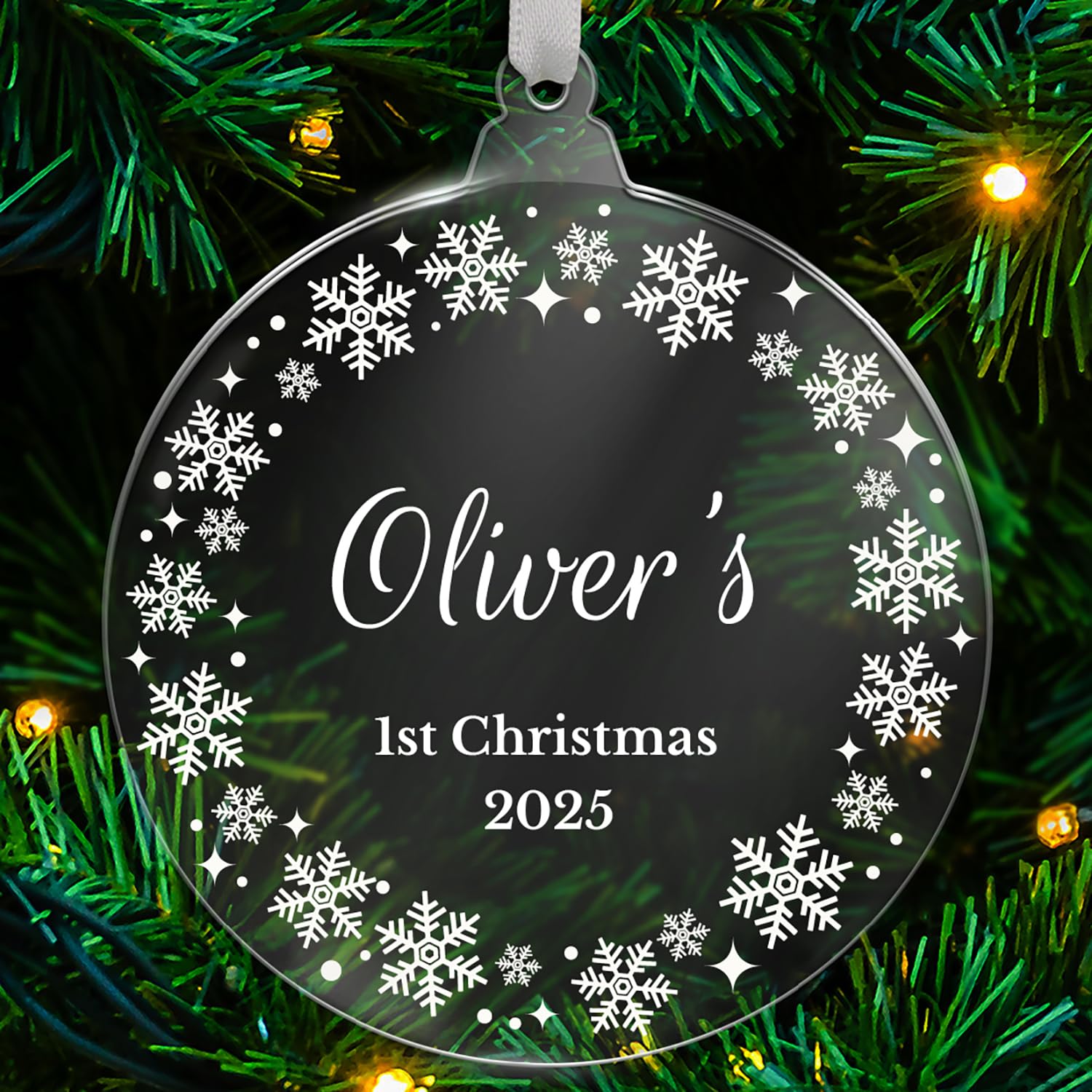 1 Personalised Customised Christmas Xmas Festive Acrylic Bauble Tree Gift Decoration Present 80mm PTS Personalised
