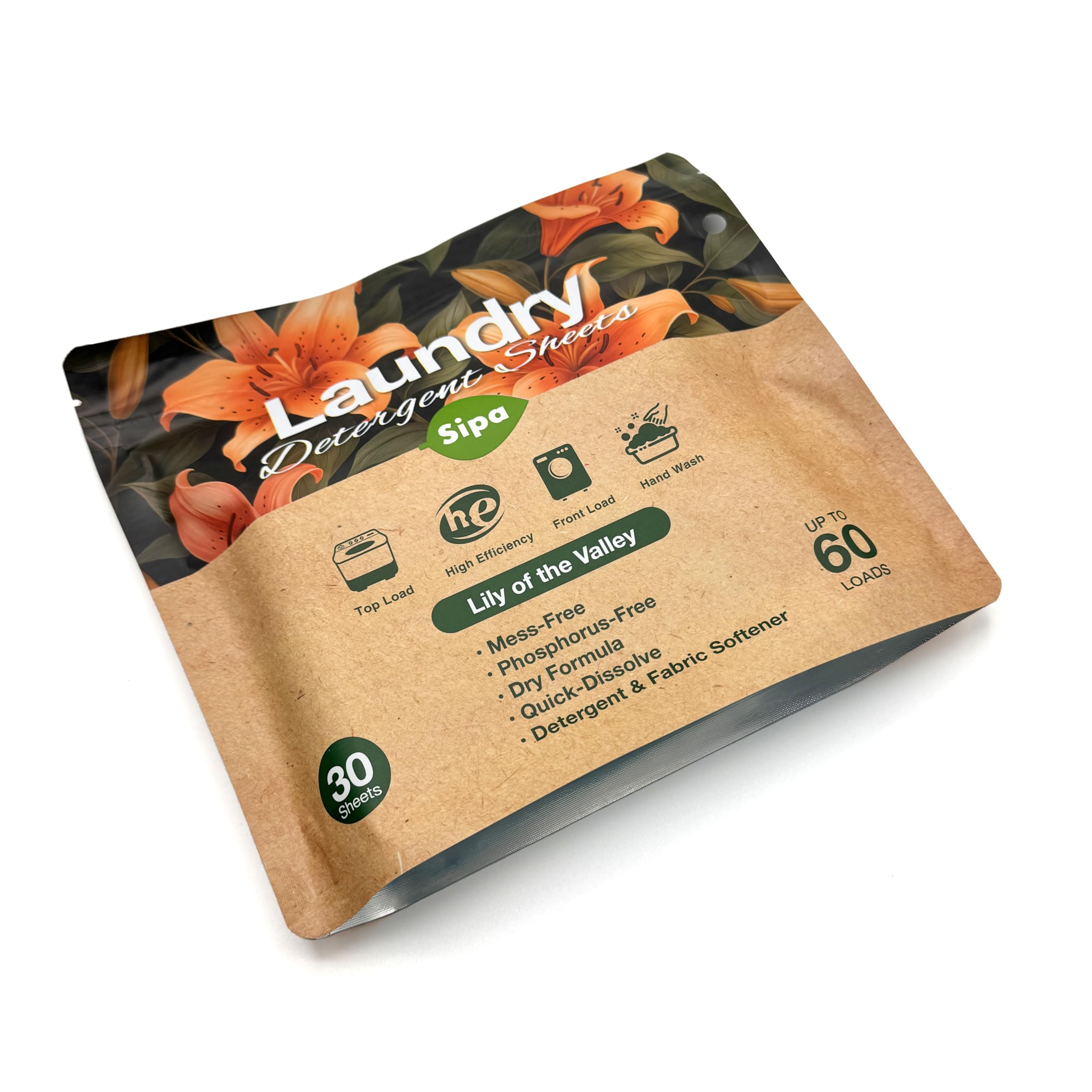 SIPA Laundry Detergent Sheets Bag - 30 Sheets, Up to 60 Loads, Lily of the Valley Scent, Phosphorus-Free, High Efficiency,Eco-Friendly (30 Count (Pack