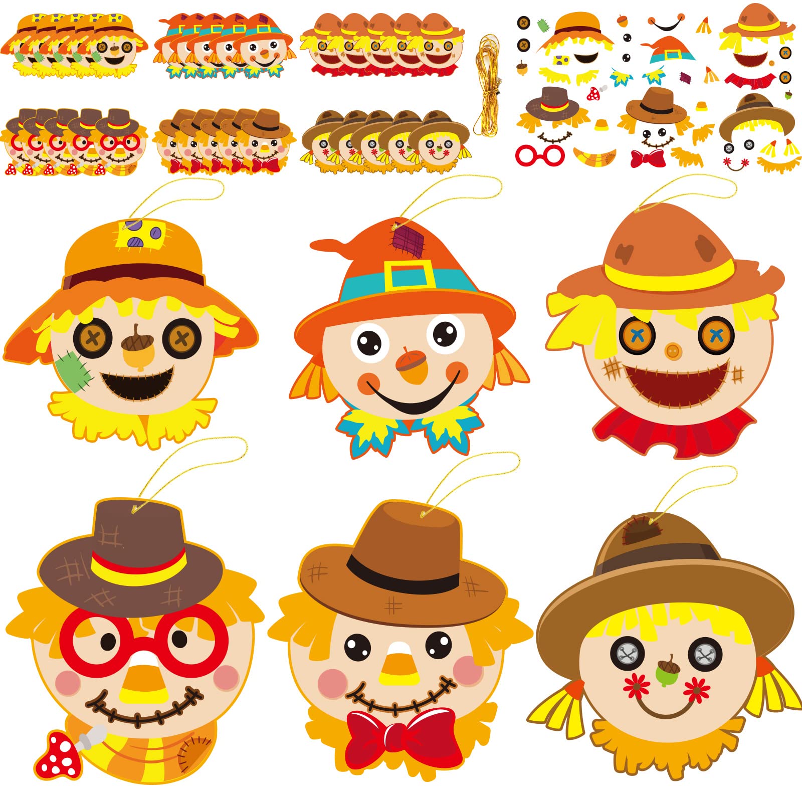 chiazllta 30 Pcs Fall Craft for Kids Kindergarten DIY Scarecrow Craft Kits Thanksgiving Autumn Art Craft Make Your Own Scarecrow Head Set for Home Class Game Activities Preschoolers