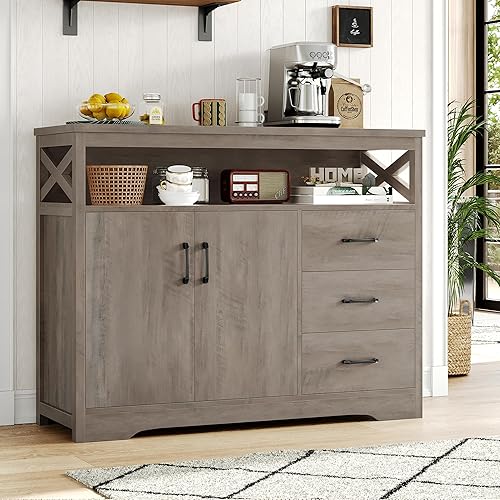 Miniatura 1 de HOSTACK Aparador moderno de granja, gabinete de almacenamiento de bufé de cocina con cajones y estantes, gabinete de madera para barra de café con