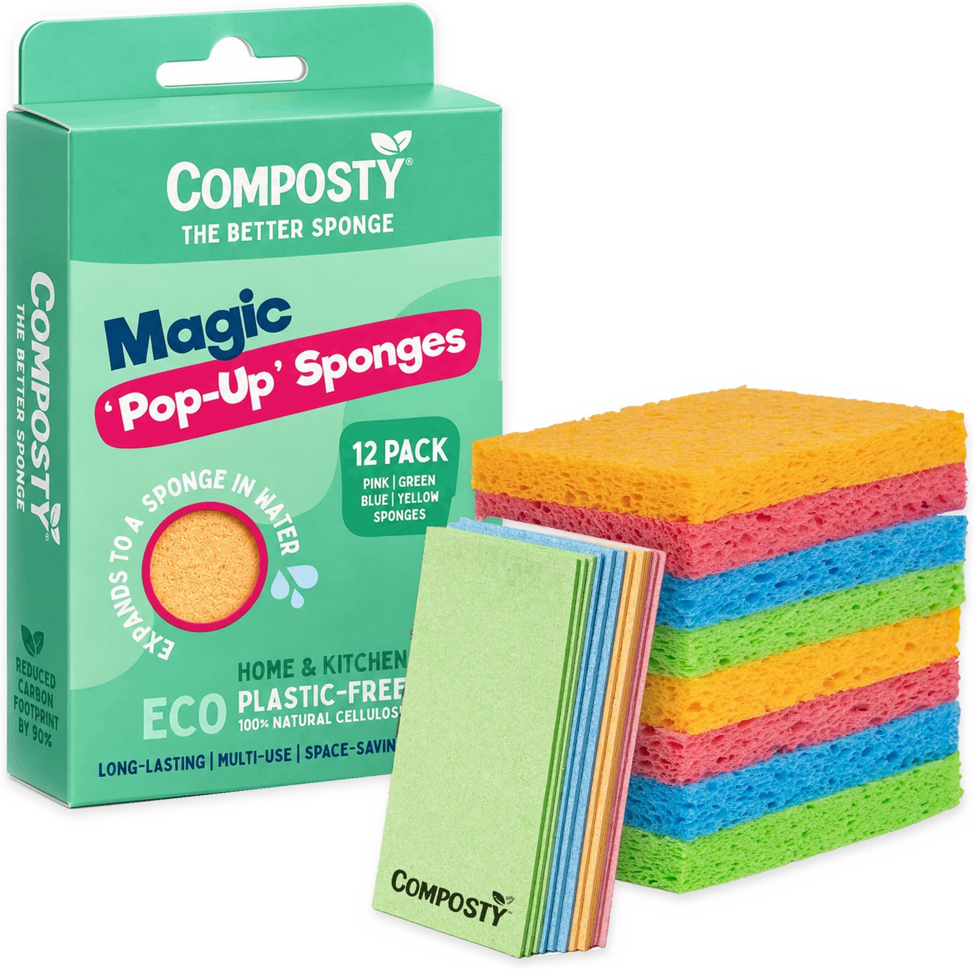 Pop-Up Sponges 12 Pack | Eco Sponges Washing Up | Compostable Kitchen Sponge | Plastic Free, Non-Scratch | Reusable Cellulose Pads | Multiuse, washable, reusable, long-lasting, durable