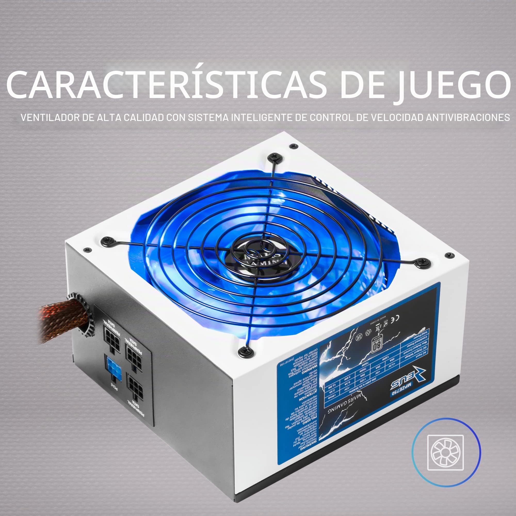 MARSGAMING MPZE750 - Fuente de alimentación gaming para PC (750 W, 80 plus silver, PFC activo, modular, 10 sistemas de protección, iluminación LED, ventilador 14 cm), color blanco