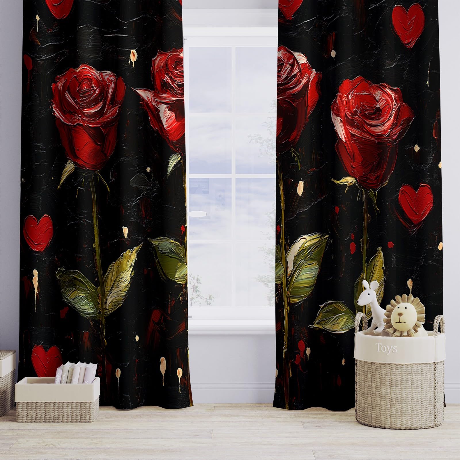 Wakacyjne czerwone róże serce termiczna zasłona zaciemniająca 117 x 229 cm zestaw 2 sztuk, zasłony okienne do salonu, domu, izolacja termiczna, ochrona przed zimnem, czarna