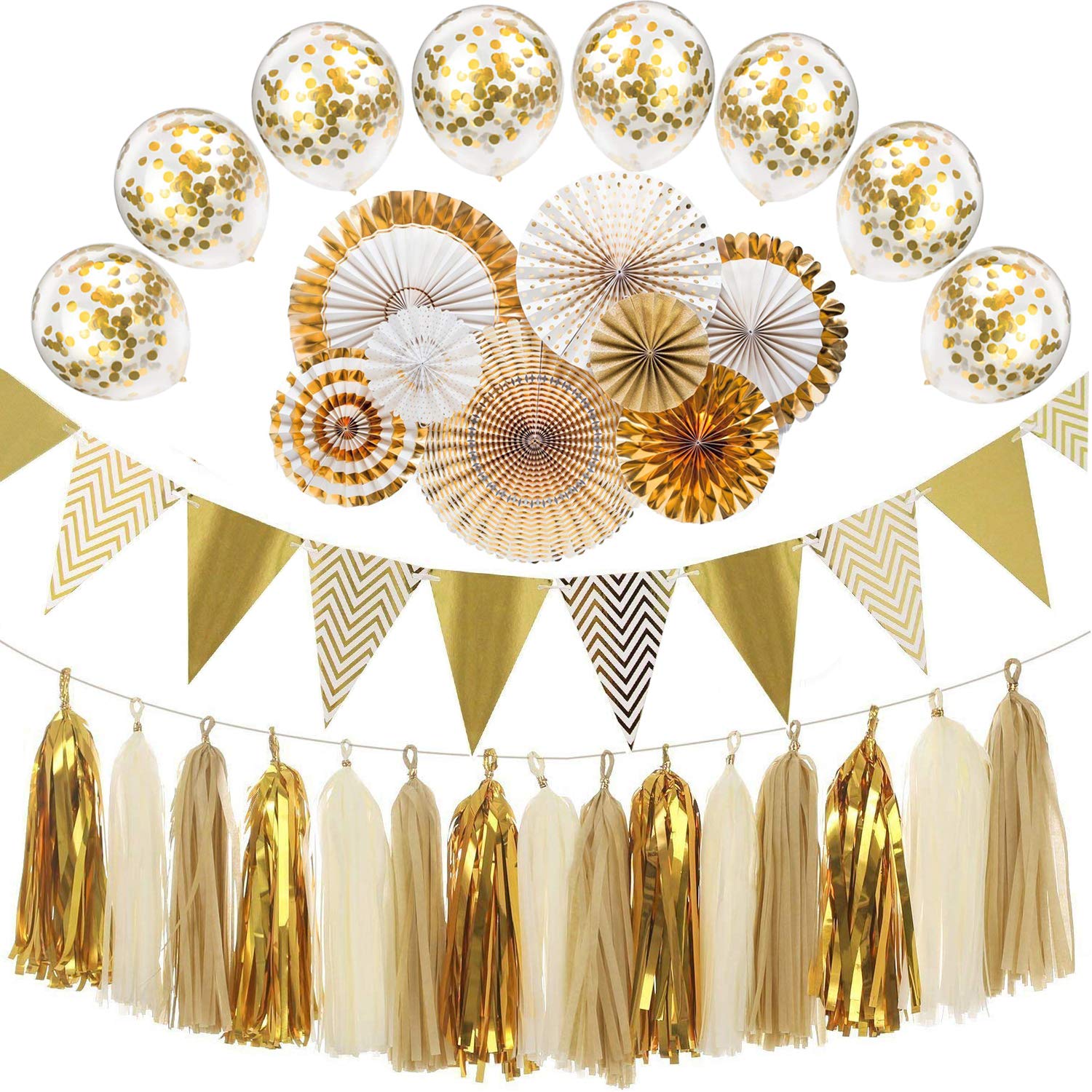 Gold Party Decorations 8 Pcs Paper Fan Flowers 20 Pcs Confetti balloons Sparkly Paper Pennant Banner Triangle Flags Bunting 8.2 Feet and Tissue Paper Tassels Garland 15 pcs for Baby Shower, Birthday