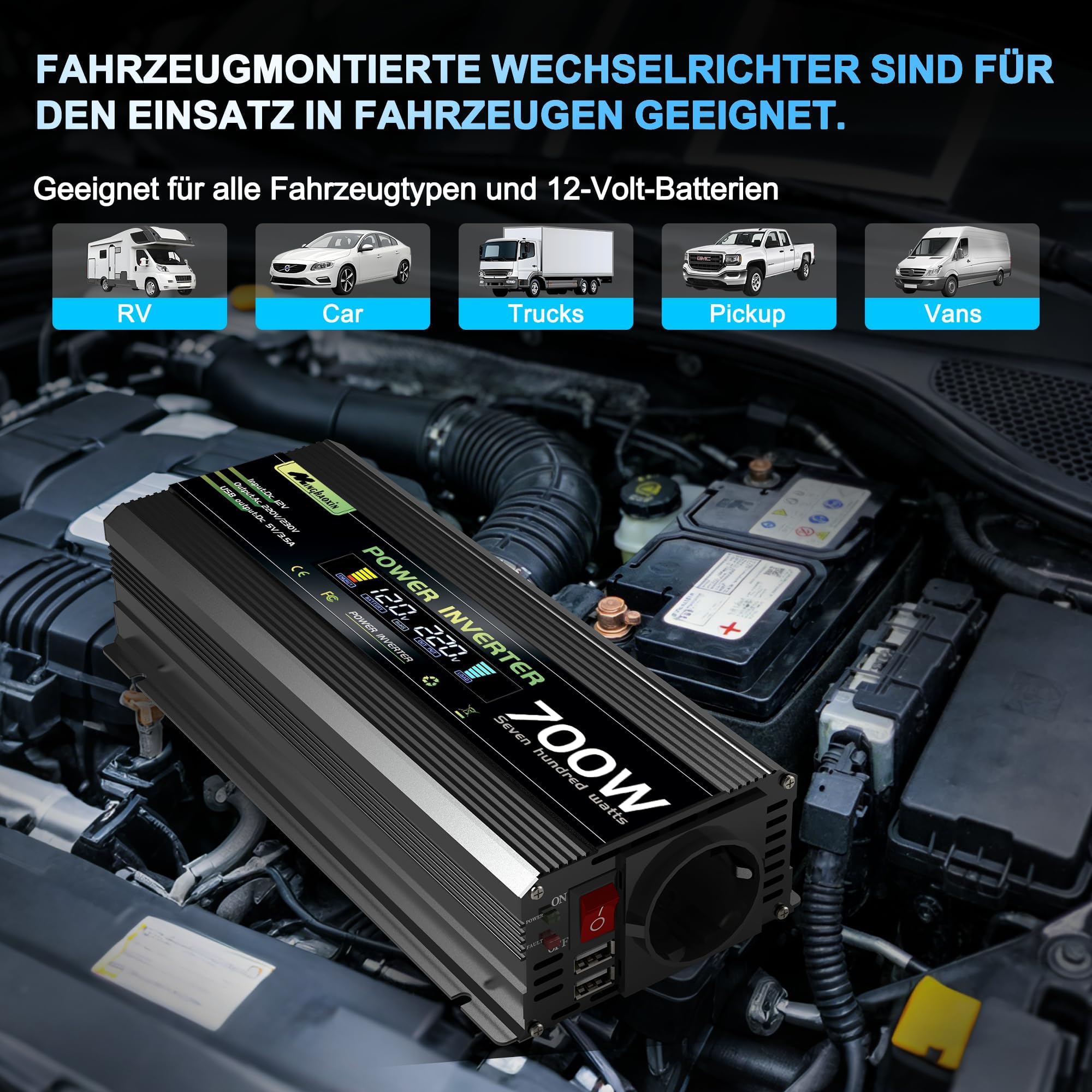 700W/1400W Wechselrichter 12V auf 230V Spannungswandler mit EU-Steckdose, USB, KFZ für Haushaltsgeräten Wohnmobile, LKW, Boote, Camping