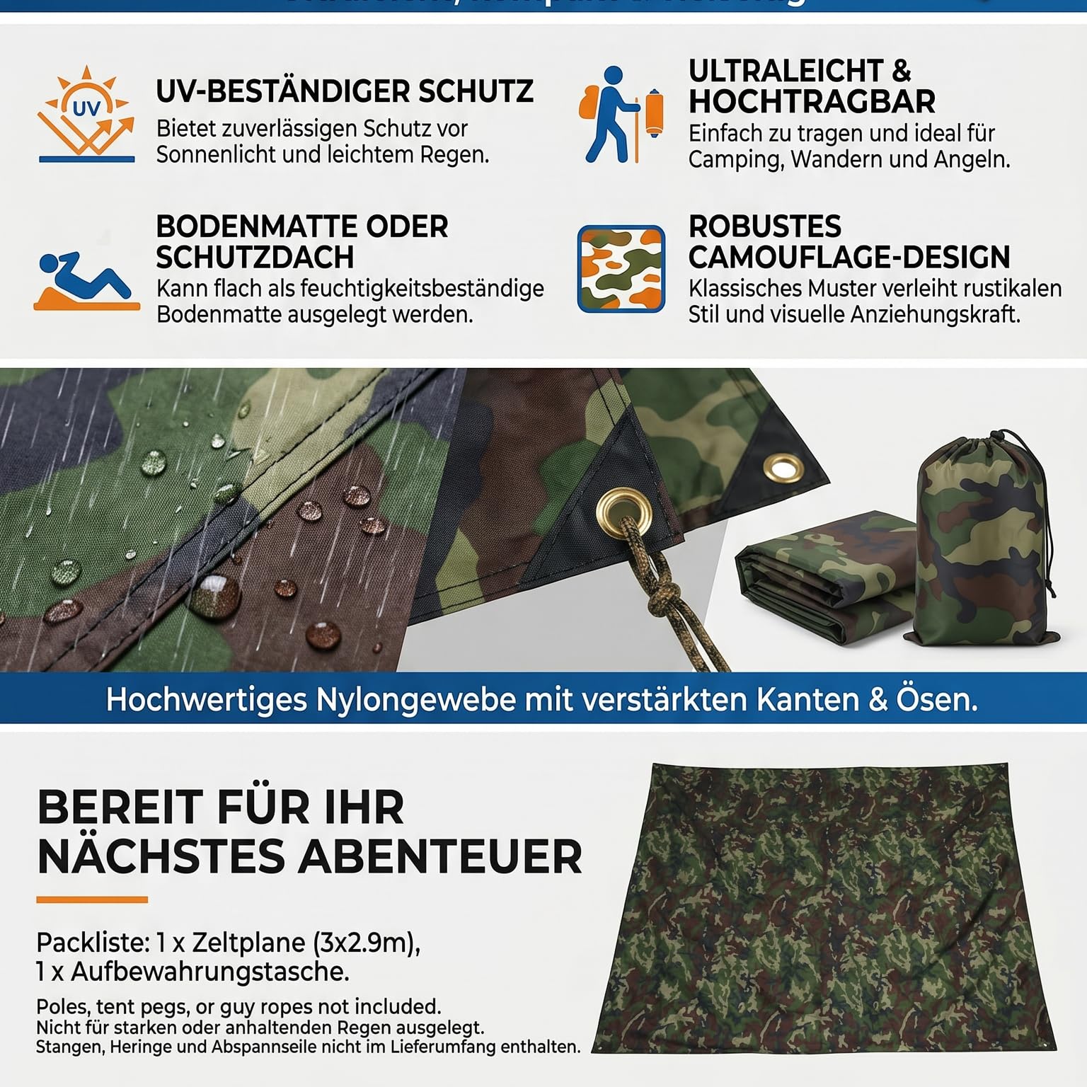 Zelt Plane Footprint Camping Tarp Hängematte Regenfliege Tarp Shelter Groundsheet für Camping Wandern(3 * 2.9M)