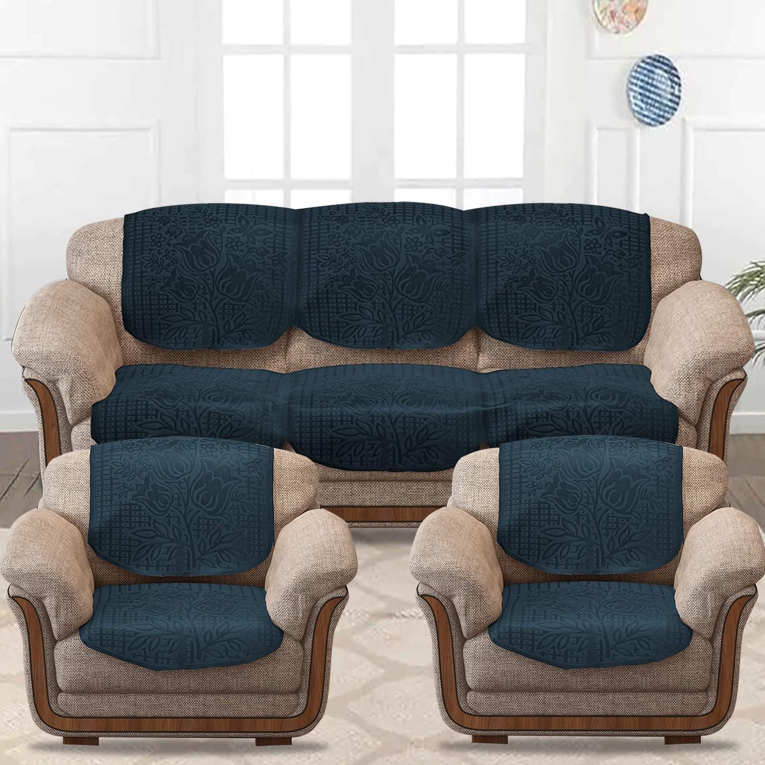 Cloth Fusion Italian Velvet Sofa Cover 5 Seater | Embossed Floral Sofa Cover 3 Seater and 2 Seater |10 Piece (3+1+1), Blue (B07FMRZB2J) Amazon Price History, Amazon Price Tracker