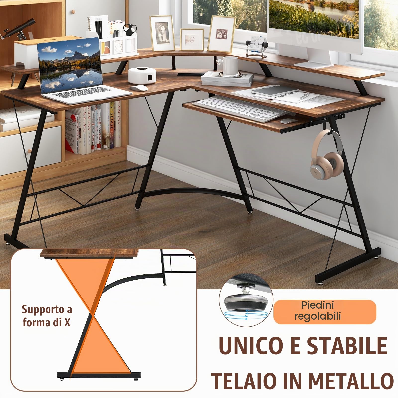 LIFEZEAL Scrivania Ufficio Angolare a Forma di L, Porta 2 Computer, Scrittoio con Stazione di Ricarica, Supporto di Monitor, Vassoio per Tastiera, Gancio per Cuffie, Postazione di Lavoro (marrone)