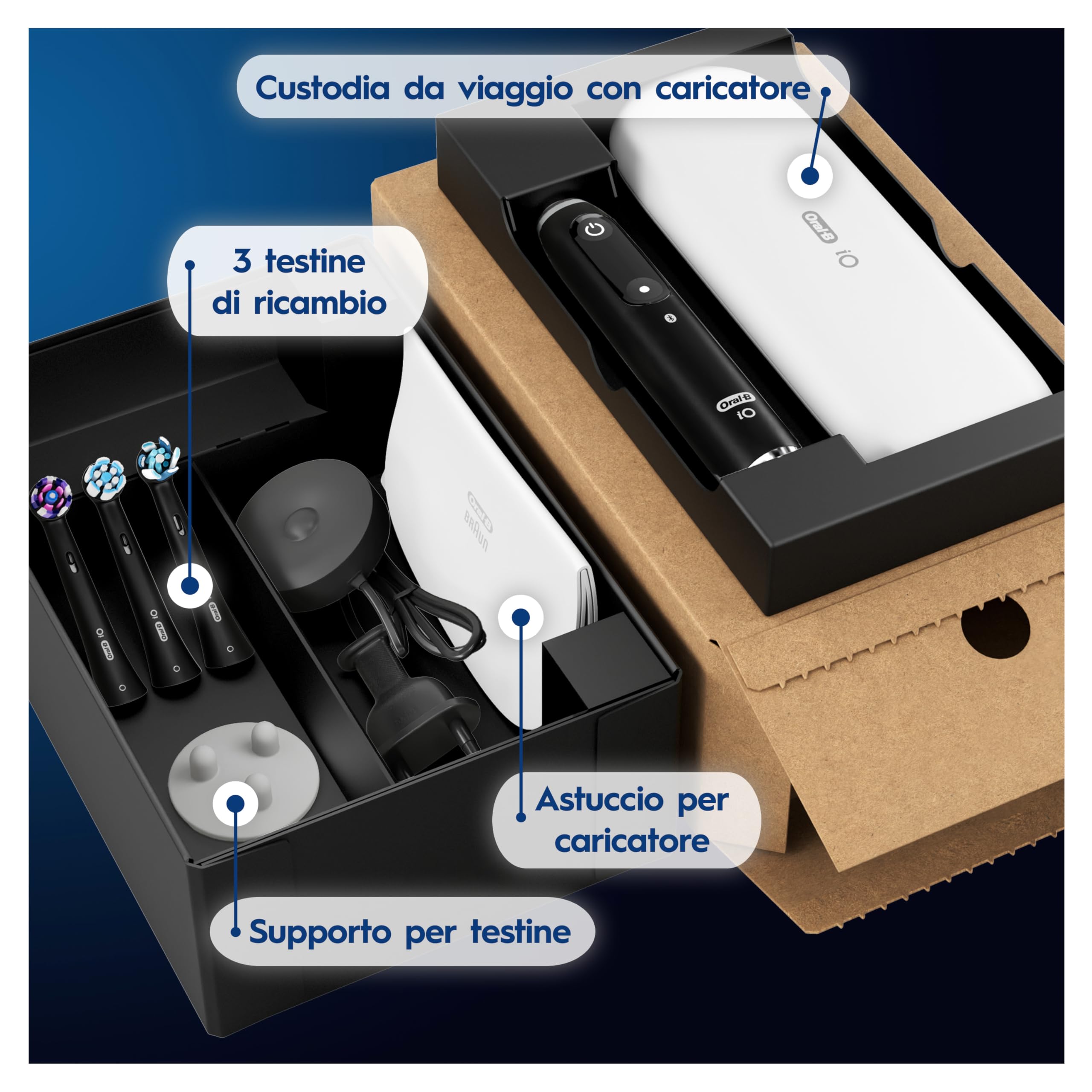 Oral-B iO 9 Spazzolino Elettrico, con 3 Testine di Ricambio, Custodia, Nero | 3 Testine di Ricambio per Spazzolino Elettrico, Ricaricabile, Custodia da Viaggio Ricaricabile, Pulizia Denti Efficace