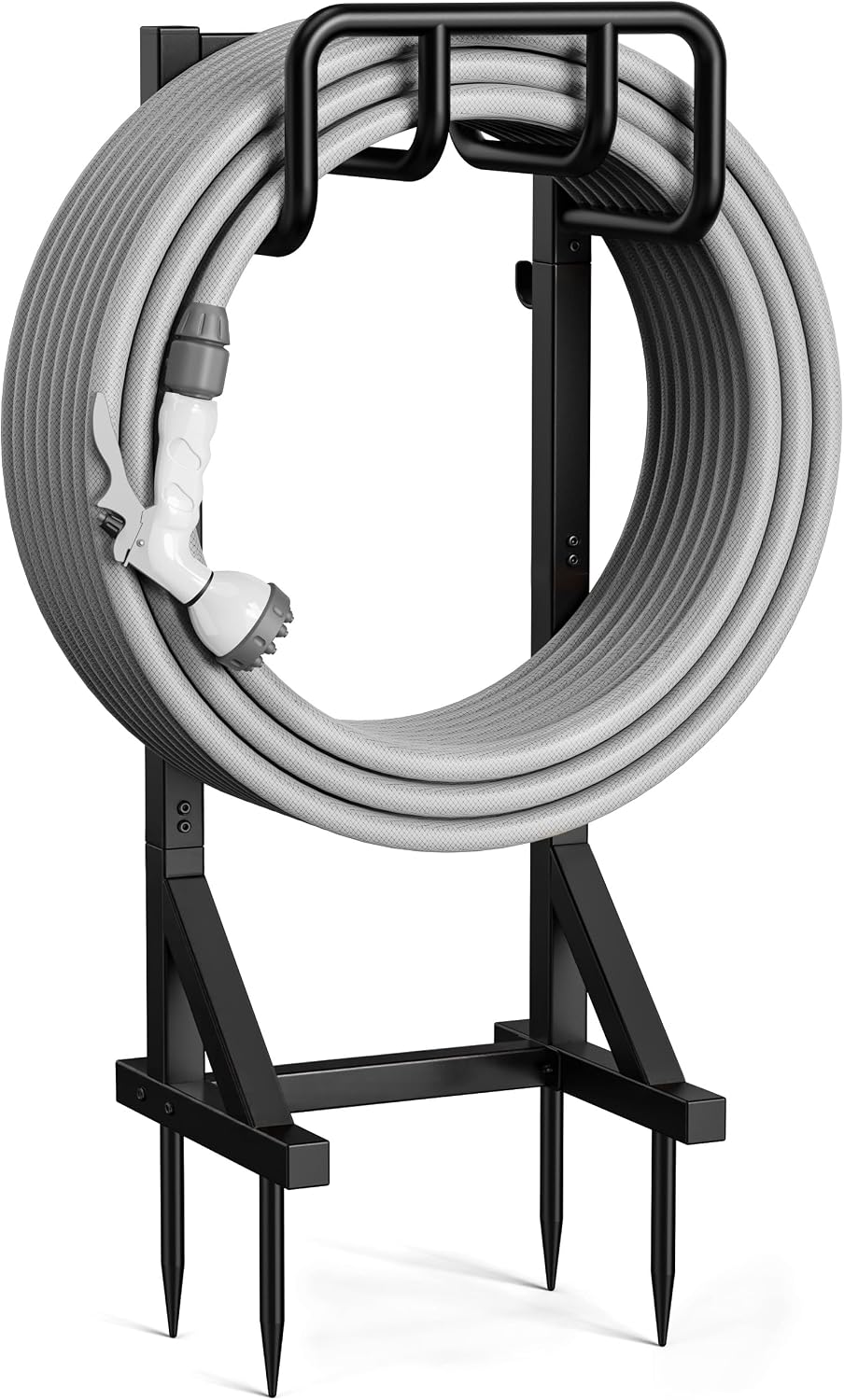 Garden Hose Holder Stand, Freestanding Heavy Duty Metal Hose Holder with Stable Base and Tool Hooks, Rustproof Water Hose Storage Rack for Outside Yard Lawn（2 Pack)