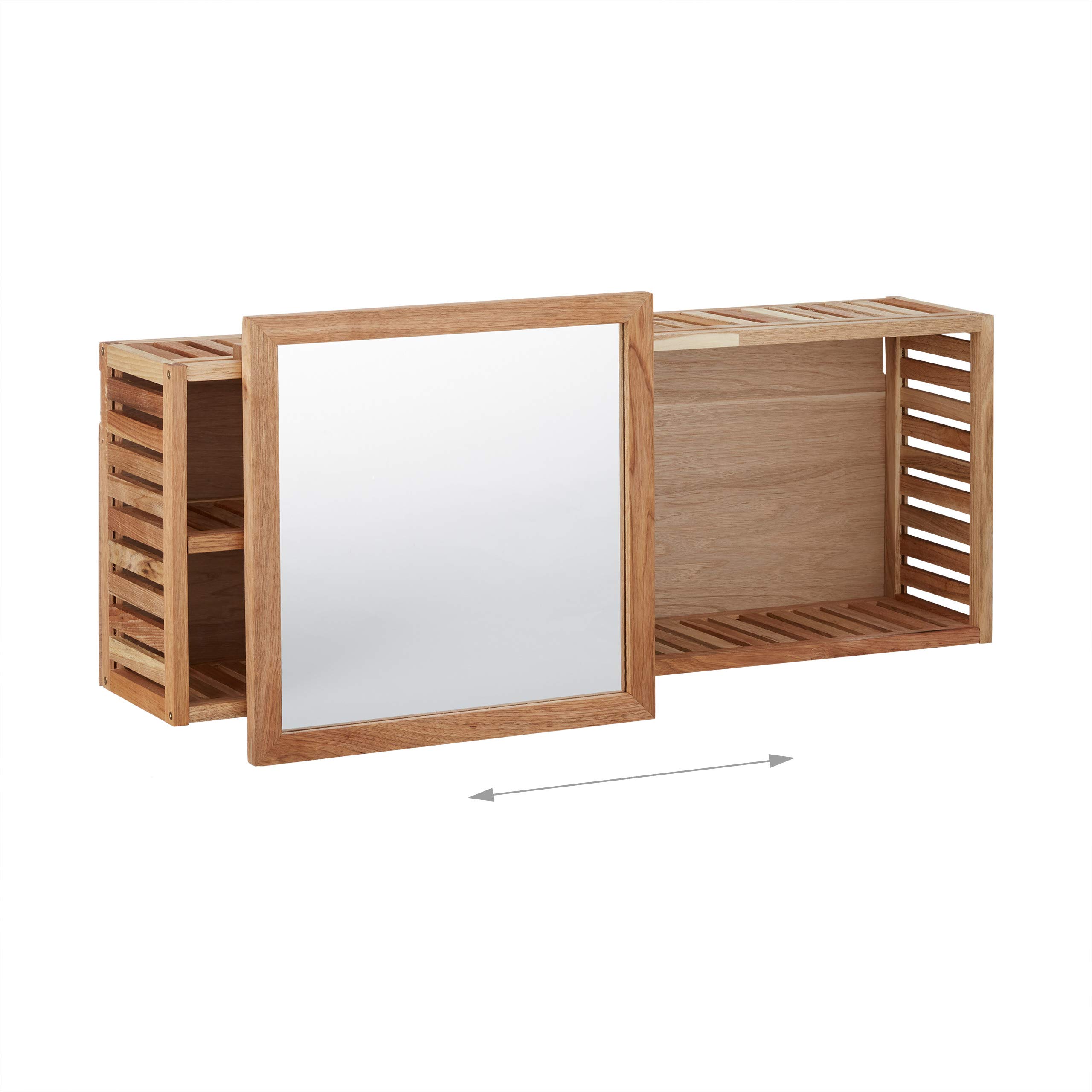 Relaxdays Etagère murale avec miroir coulissant salle de bain armoire bois de noyer huilé side board 80 cm de largeur, nature, 17x80x30 cm