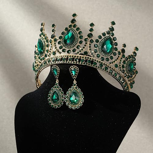 Miniatura 5 de SWEETV Tiaras barrocas y coronas para mujer, tiara de boda de cristal para novia, conjunto de joyas de pendientes de corona