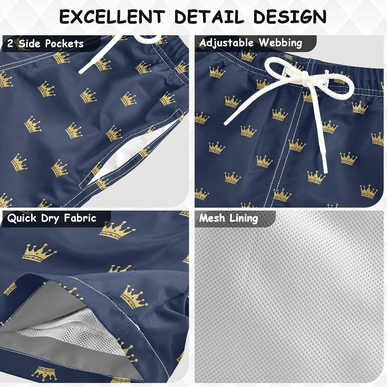 Boys Swim Trunks Navy Blue Crown Quick Dry Bathing Suit Swimsuit Toddler Beach Board Shorts Mesh Swimwear 2-12Y