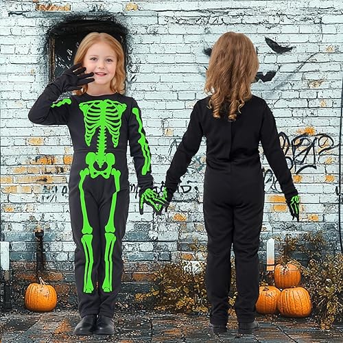 Miniatura 5 de Disfraz de esqueleto para niños, disfraz de esqueleto que brilla en la oscuridad, disfraz de Halloween con guantes para niños y niñas