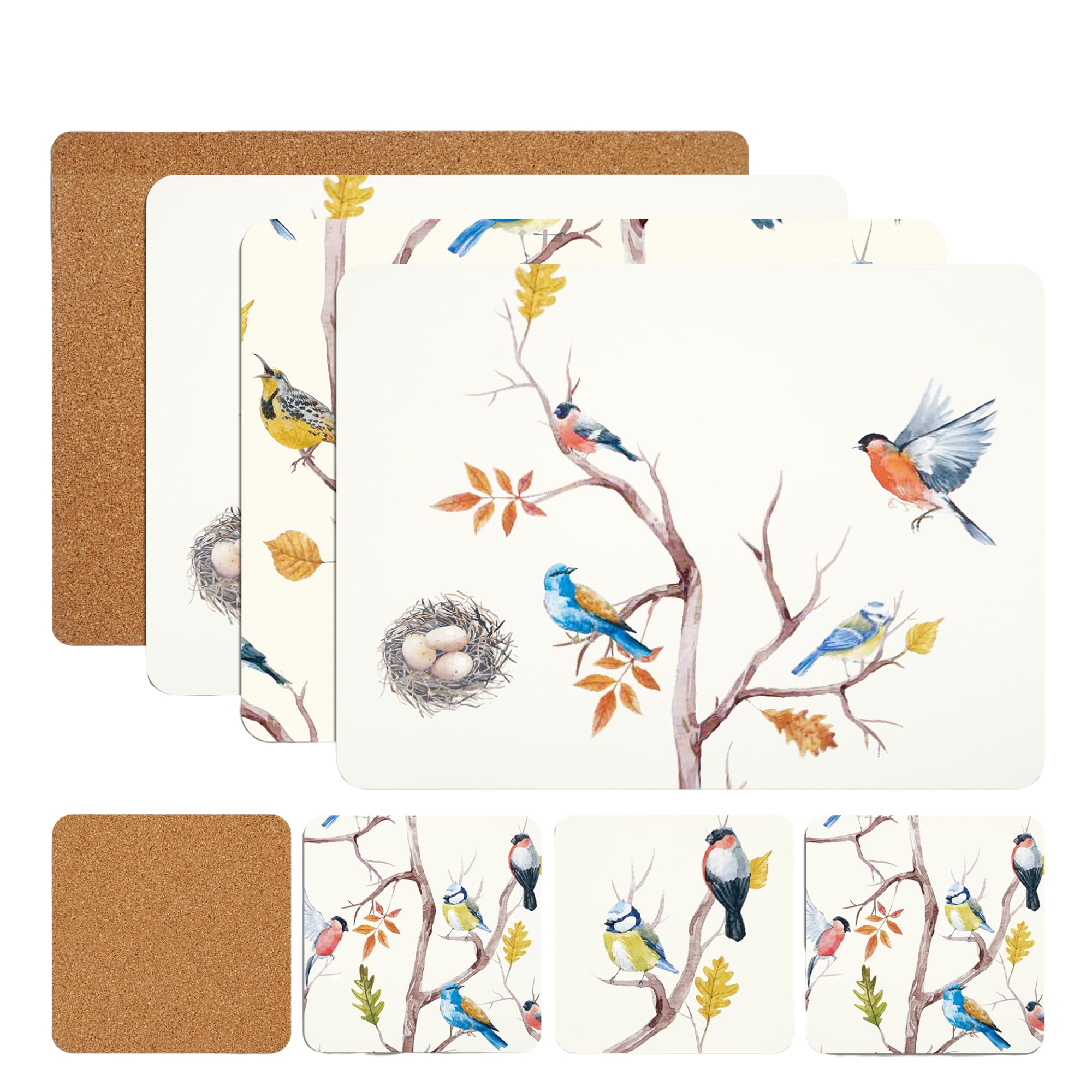 Placemats and Coasters Set of 8 (4 Placemats + 4 Coasters) Heat Resistant Waterproof Non Slip Cork Table Mats for Dining Kitchen Easy to Clean Elegant Tree and Bird Design