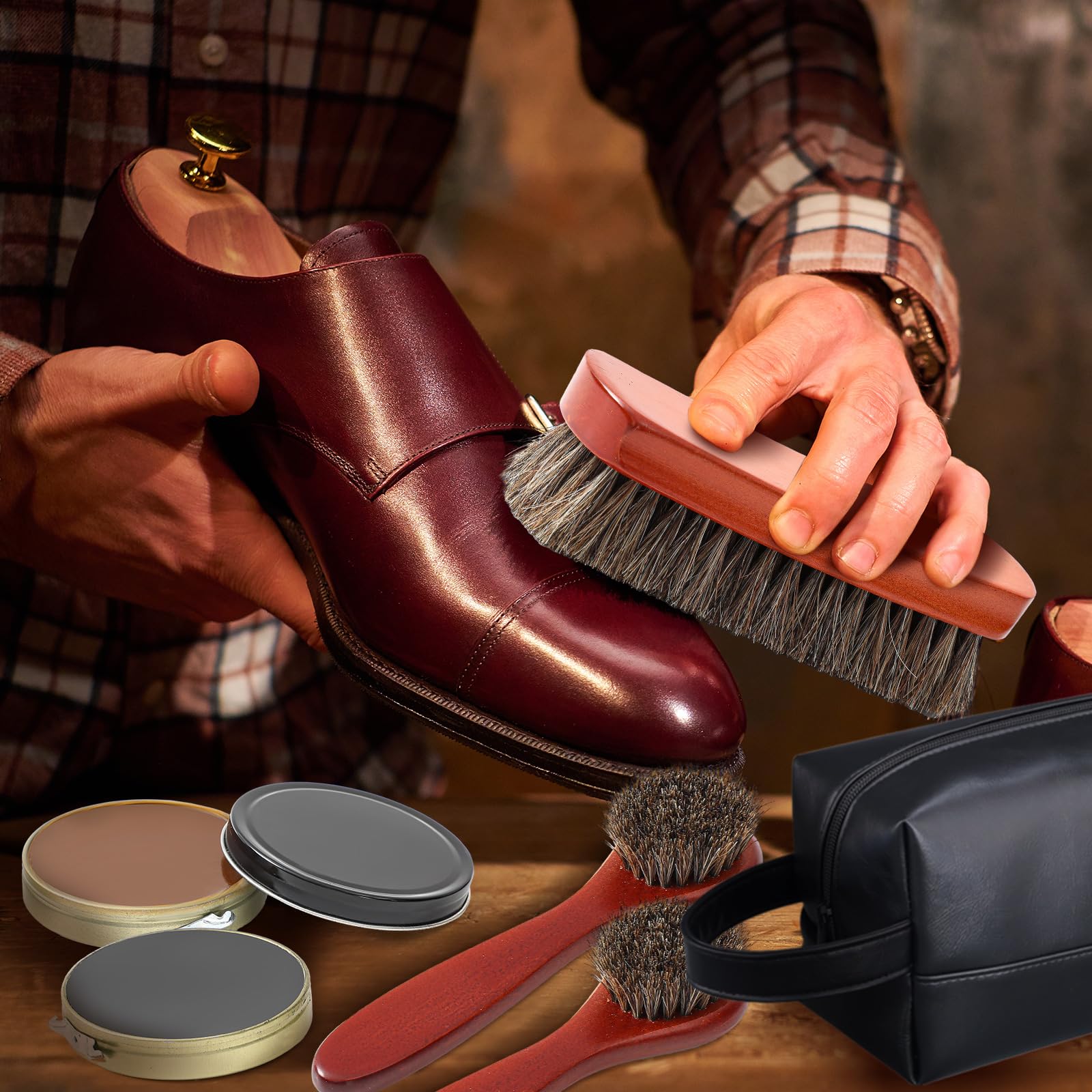 Kit de 13 esmaltes de zapatos para hombre, kit de brillo de zapatos negros, kit de cuidado de botas de cuero para limpieza con bolsa de almacenamiento de poliuretano