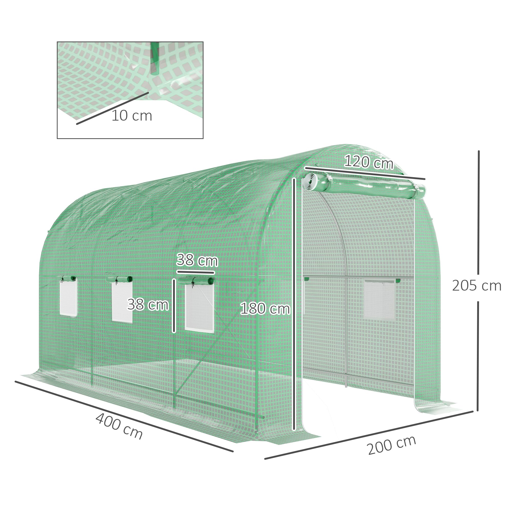 Outsunny Serre de Jardin Tunnel Serre à Tomates 8 m² 4L x 2l x 2,05H m Vert | Châssis Tubulaire Renforcé, Double Porte Zippée, 6 Fenêtres Enroulables