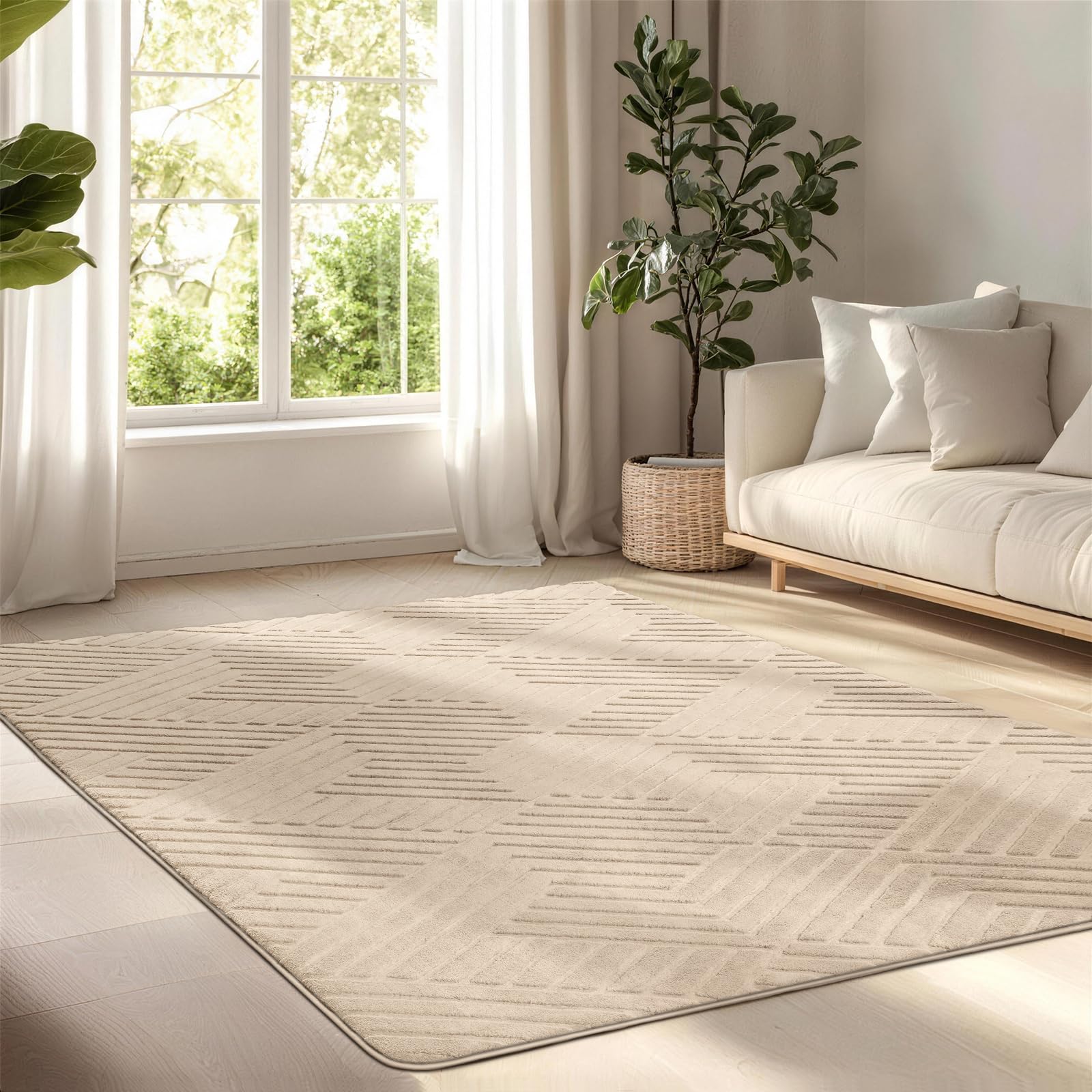 BYBSRLL Rugs Living Room 160x230 cm, Beige Washable Soft Touch & Non-Slip Rugs for Bedroom, Modern Geometric Thick Pile Rug Floor Carpet for Bedroom Dining Room Office Lounge, Twill