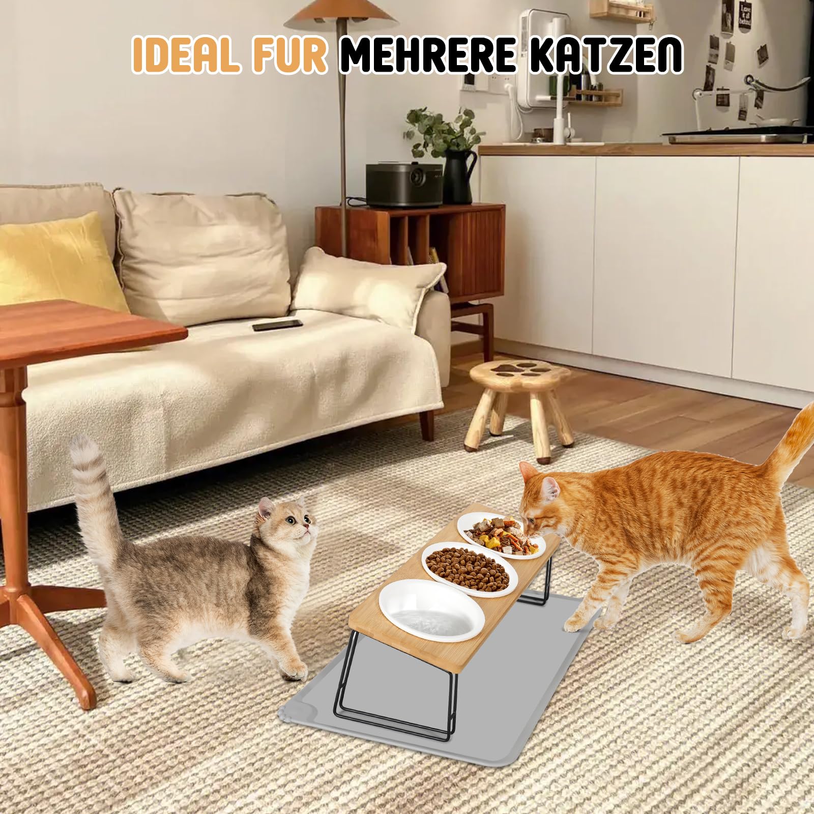 Gamelle Chat Surélevée, 3 Bols Chat Ceramique de Nourriture pour Chats et Petits Chiens avec Support 15° Incliné mit Tapis
