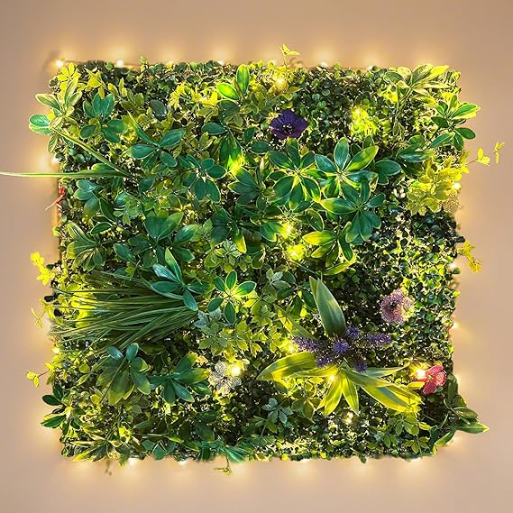 Artificial Boxwood Panel 20"x20" 6 Pieces, Green Grass Wall Backdrop for Fence Patio Backrop Balcony, Faux Ivy Privacy Fence Screen, 5 PCS Vines, 60 PCS Violet Flower, 2 PCS Light Strip
