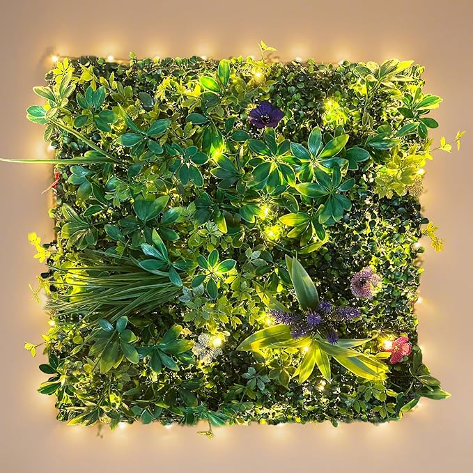 Artificial Boxwood Panel 20"x20" 6 Pieces, Green Grass Wall Backdrop for Fence Patio Backrop Balcony, Faux Ivy Privacy Fence Screen, 5 PCS Vines, 60 PCS Violet Flower, 2 PCS Light Strip