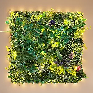 Artificial Boxwood Panel 20"x20" 6 Pieces, Green Grass Wall Backdrop for Fence Patio Backrop Balcony, Faux Ivy Privacy Fence Screen, 5 PCS Vines, 60 PCS Violet Flower, 2 PCS Light Strip