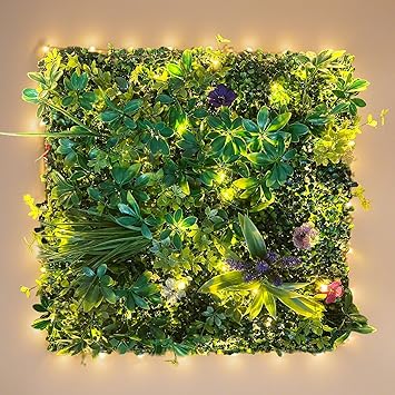 Artificial Boxwood Panel 20"x20" 6 Pieces, Green Grass Wall Backdrop for Fence Patio Backrop Balcony, Faux Ivy Privacy Fence Screen, 5 PCS Vines, 60 PCS Violet Flower, 2 PCS Light Strip