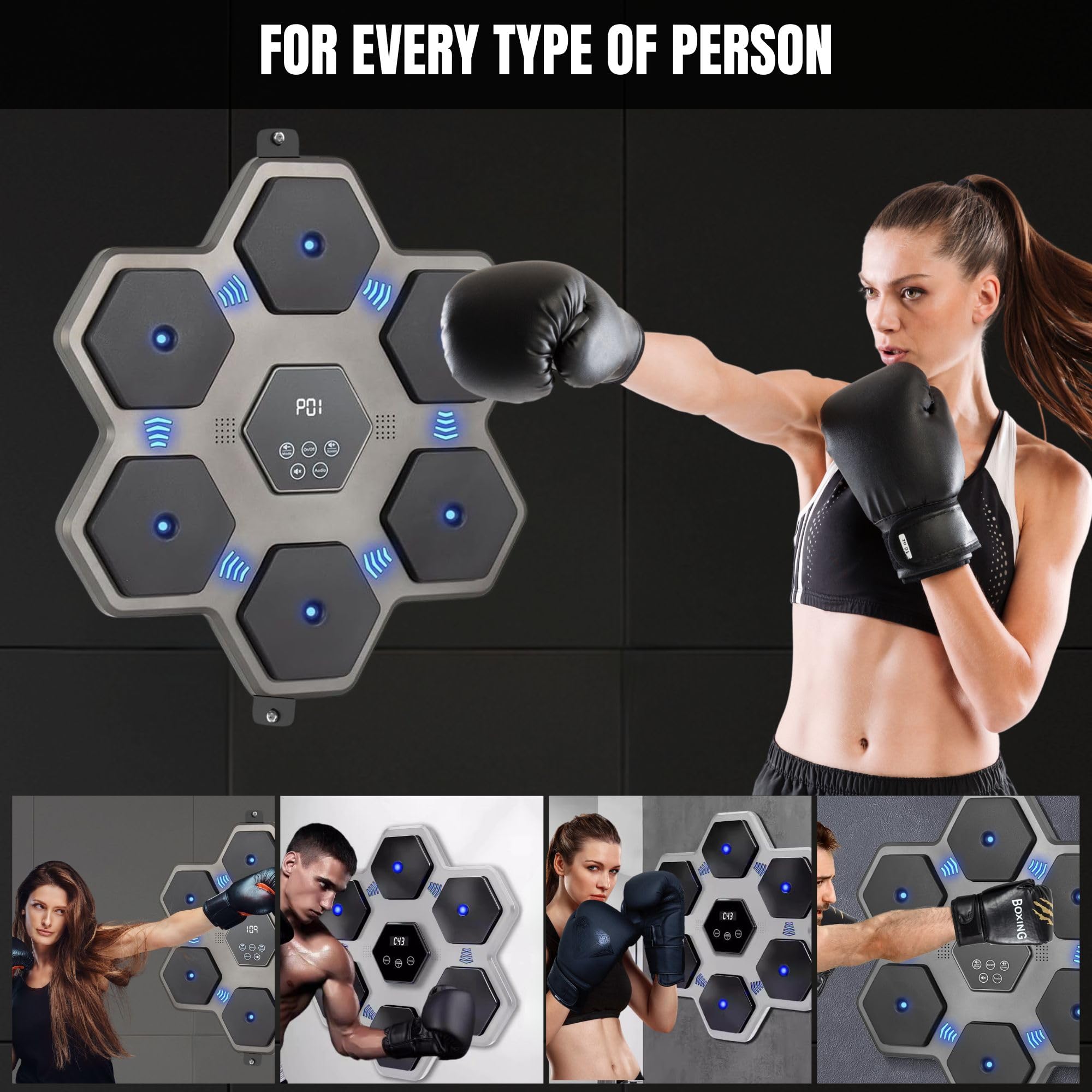 Macchina per l'allenamento di boxe musicale. Attrezzatura da boxe da parete con LED, guanti da boxe, Bluetooth e luci al ritmo della musica. Macchina da boxe per bambini/adulti. (9 modalità, 45 x 45
