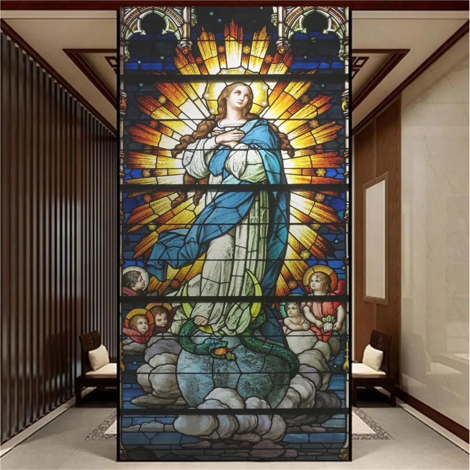 Vinilos para Cristales Adhesivo Decorativo Esmerilado con patrón de Pintura Iglesia Bloqueo UV y Control Calor for Vidrio estático(80X200cm WXH)