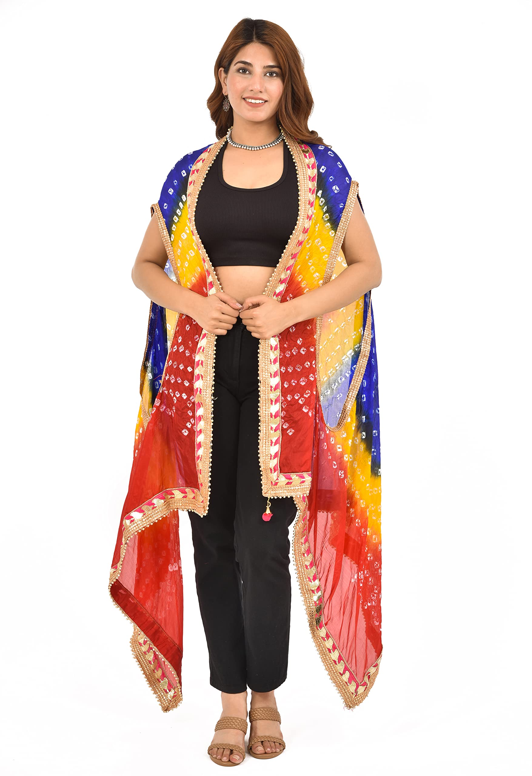 Jaipuri Rajasthani Shrug Women's Silk Bandhani Bandhej Multi-Colored Heavy Dupatta Shrug Style With Gota Work And Latkan-image-11