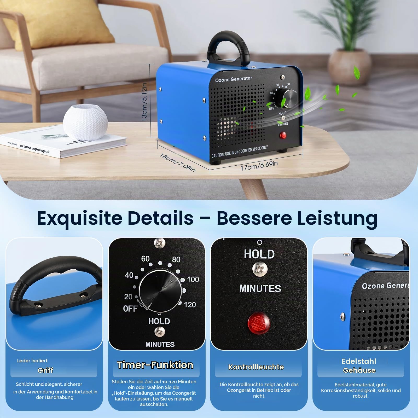 Ozongenerator 60000mg/h, Ozon Luftreiniger mit 5 Timer für 300㎡ Geruchskiller, Ozonisator Industrieller Tragbarer O3 Ozon Luftreiniger für Auto, Garage, Wohnung, Hotel, Küche und Haustiere (Blau)