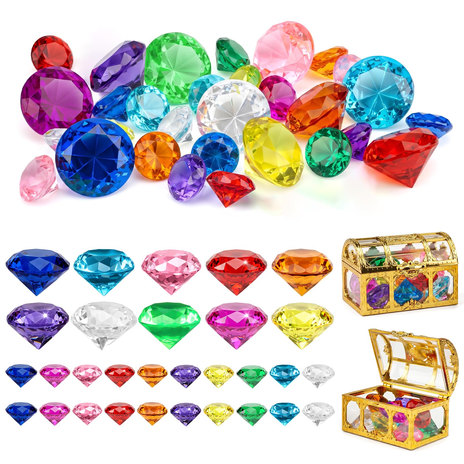 30PCS Large Colourful Diamonds, 25/40mm Acrylic Gems with 2 Treasure Chests
