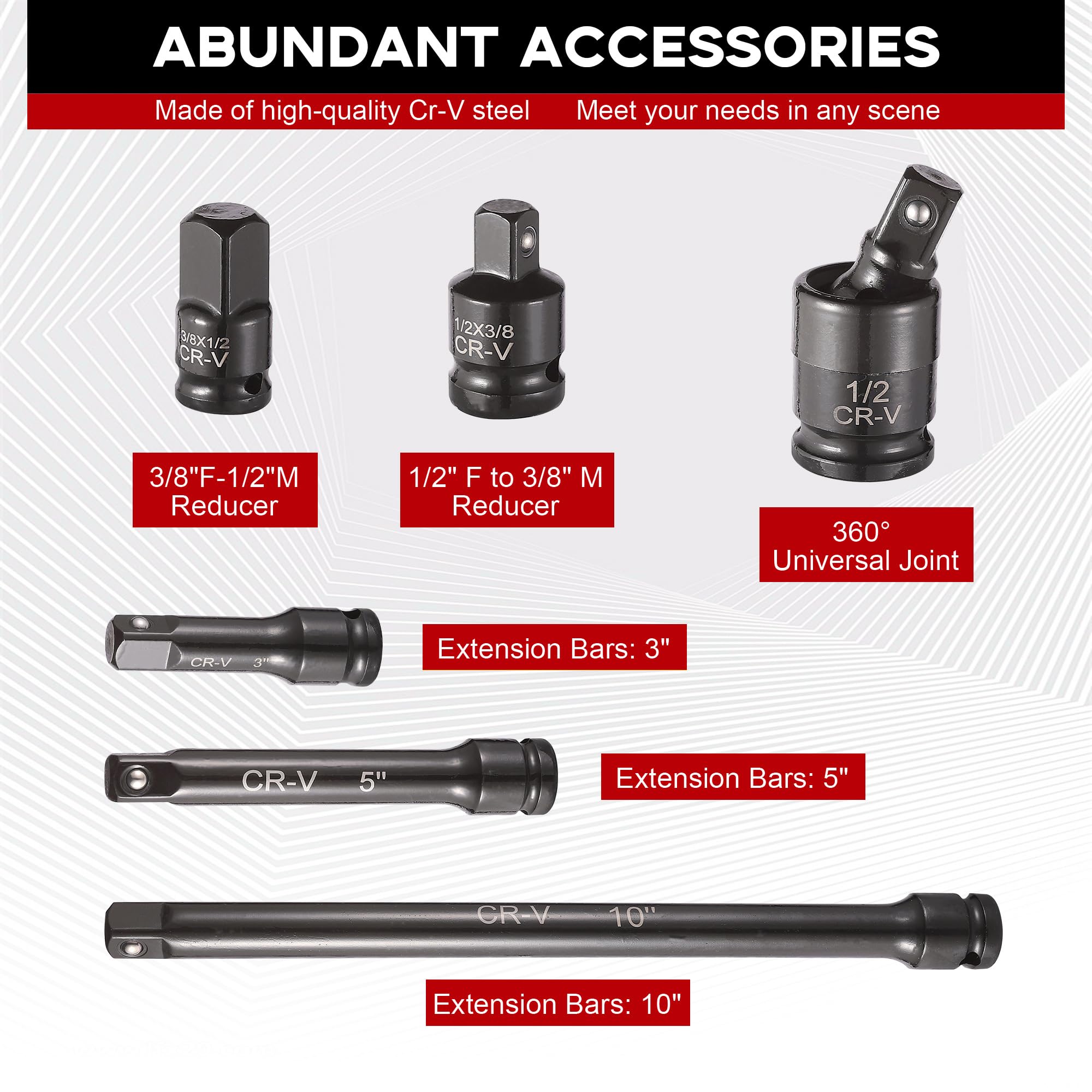 Aloanes 25 bussole da 1/2", metriche (10 mm-32 mm), boccole profonde, riduttore da 1/2" F a 3/8", riduttore da 3/8" F a 1/2", guarnizione universale, barre di estensione, 6 punti, Cr-V